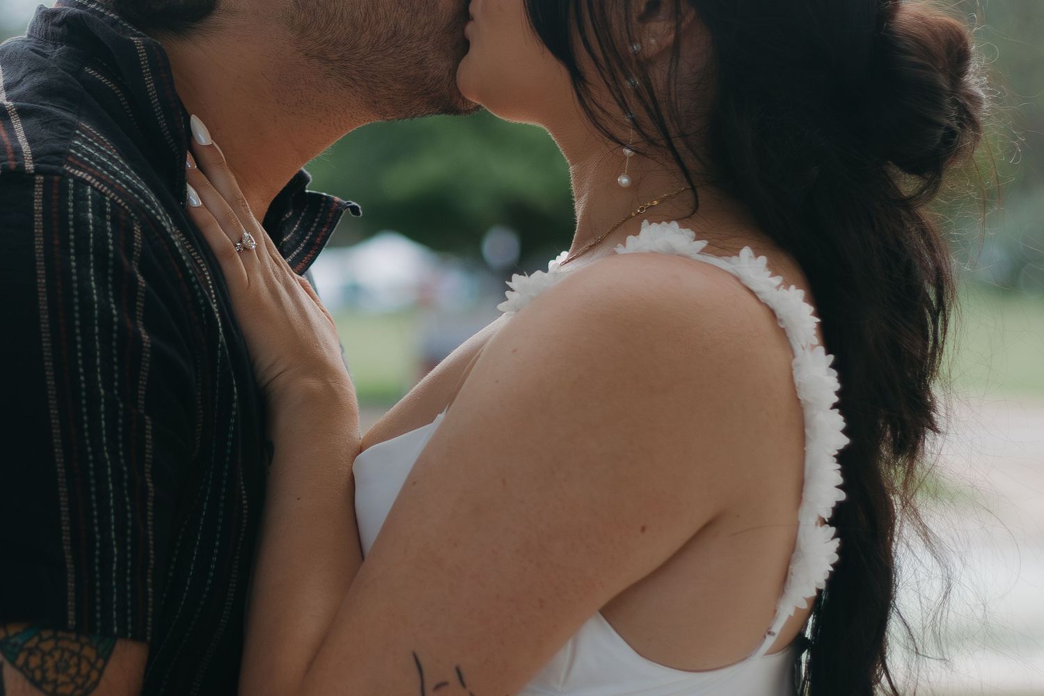 A romantic series of wedding couple photographs showing intimate embraces and kisses in an outdoor setting.