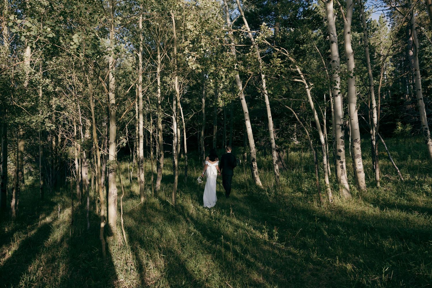 Bride and groom walking hand in hand through a sunlit forest with tall trees and lush green grass.