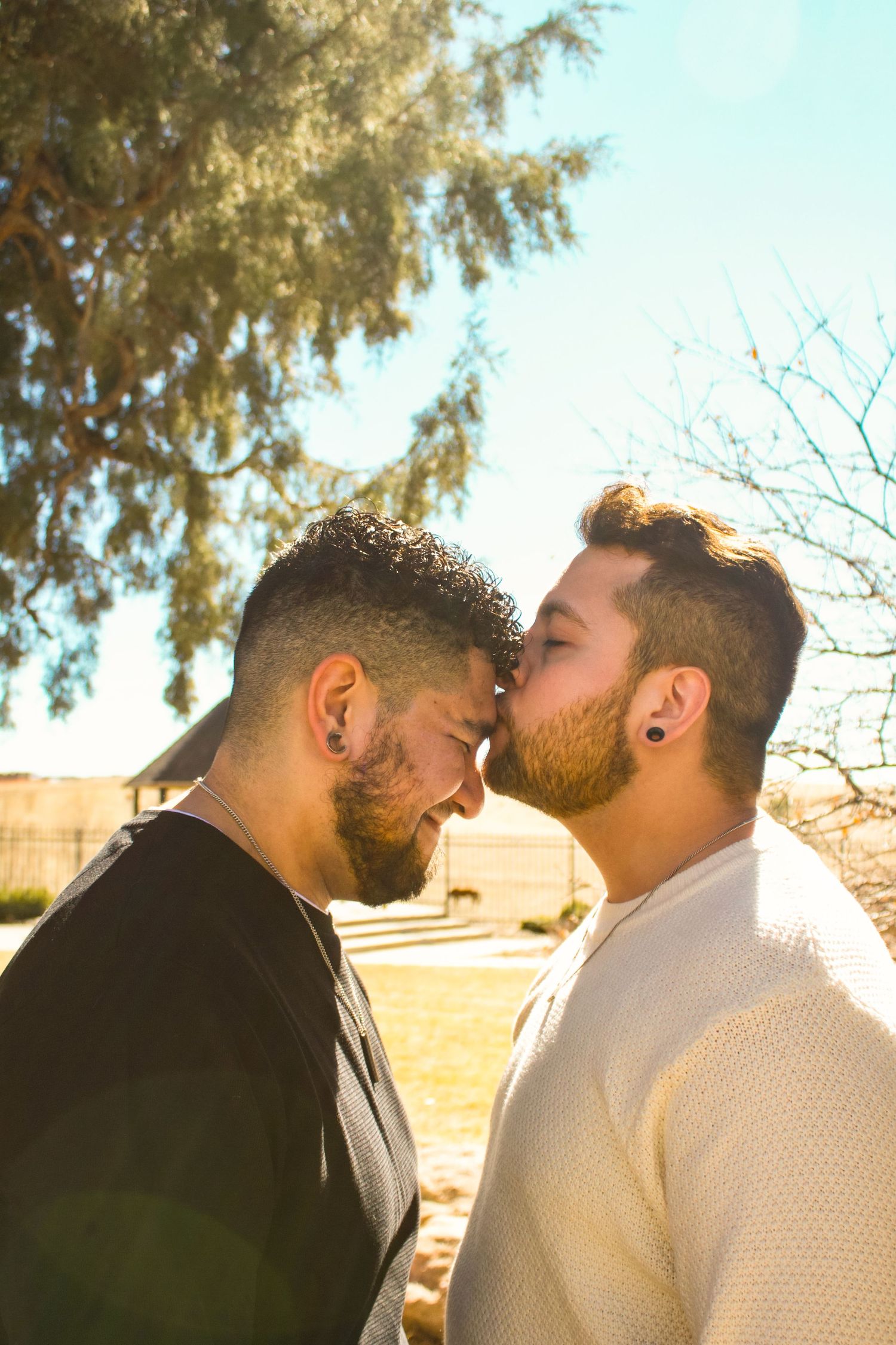 Heartfelt moment shared outdoors with sunlit trees in background during golden hour.