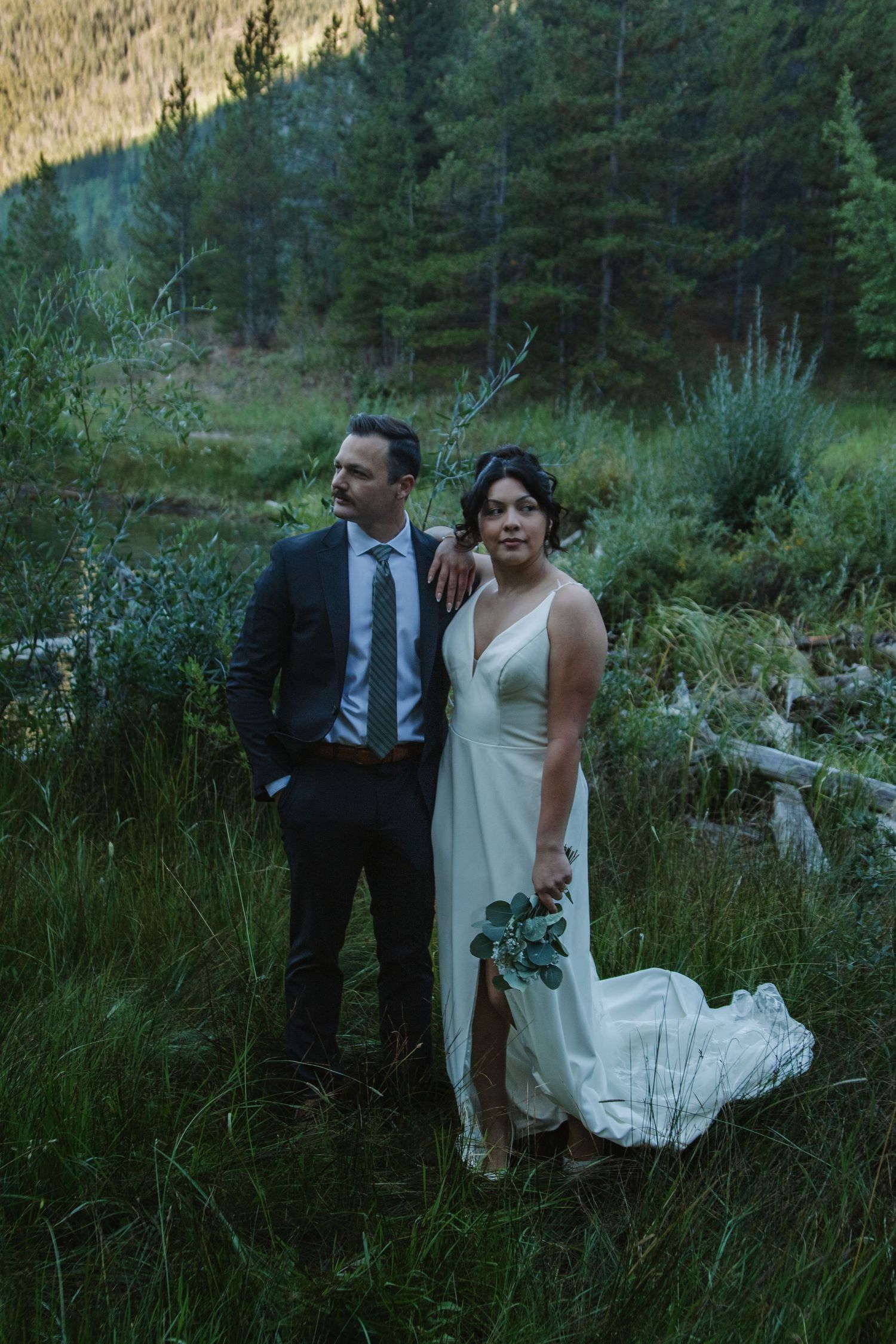 A wedding photoshoot in a scenic mountain meadow with evergreen trees.