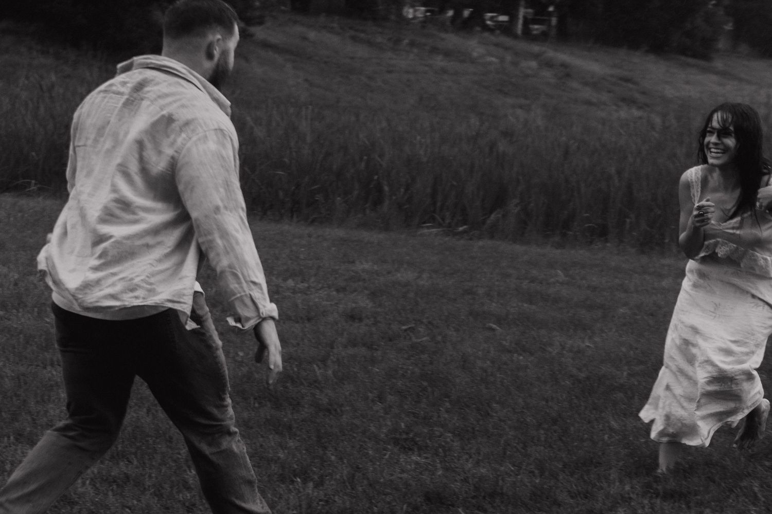 A series of candid romantic moments captured in a park setting, showing playful interaction and natural lighting.