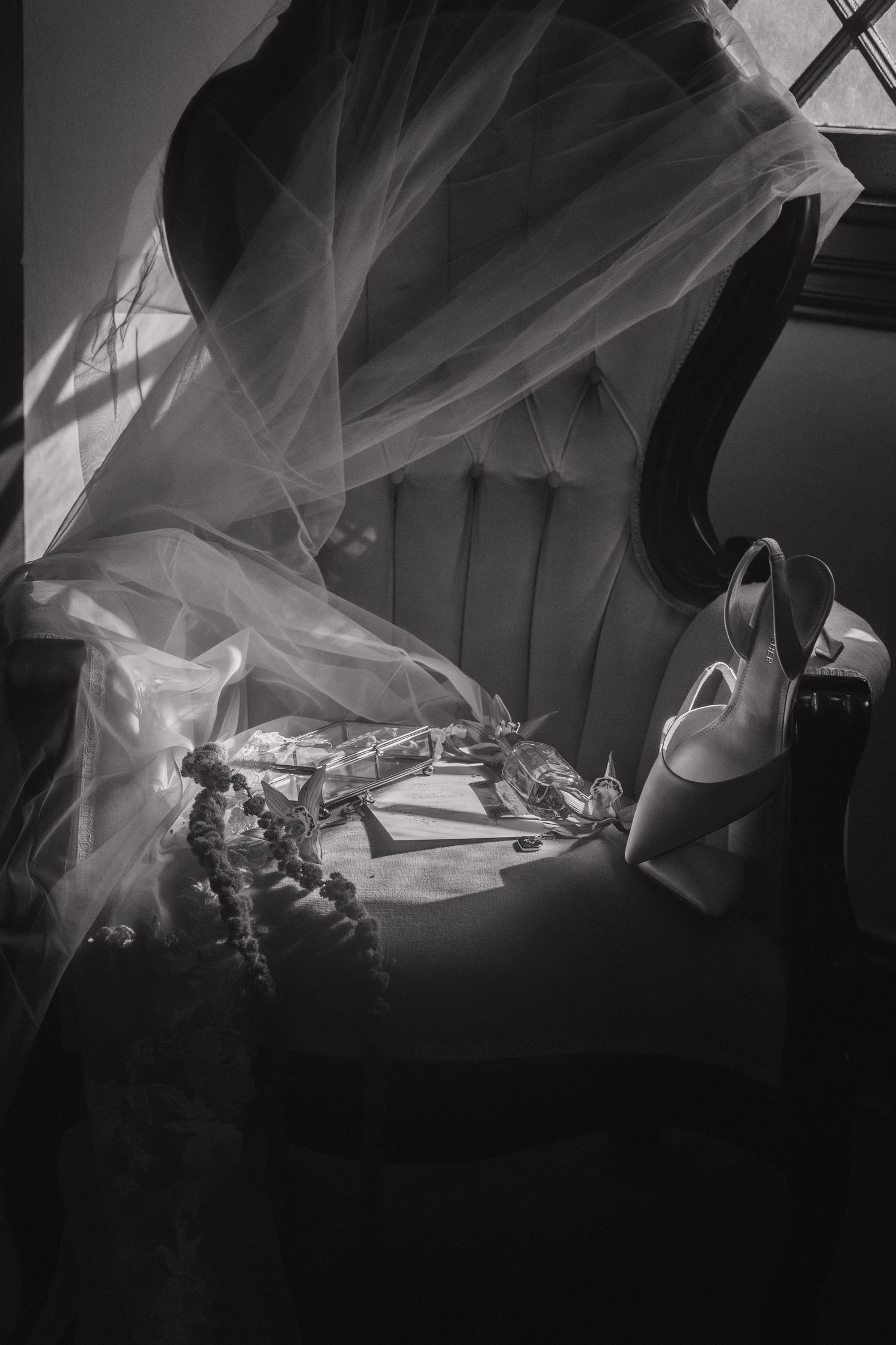Ethereal black and white photo of flowing wedding veil in natural light.