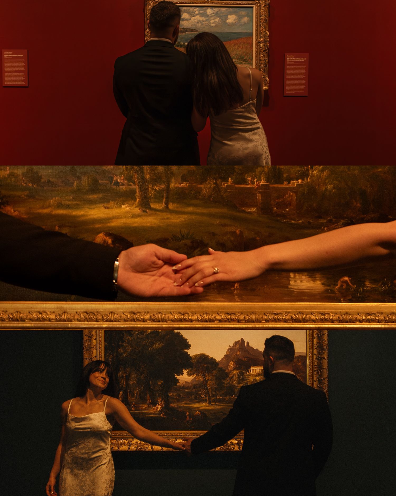 Romantic sequence captured in warm lighting against dark red museum walls with classic paintings.
