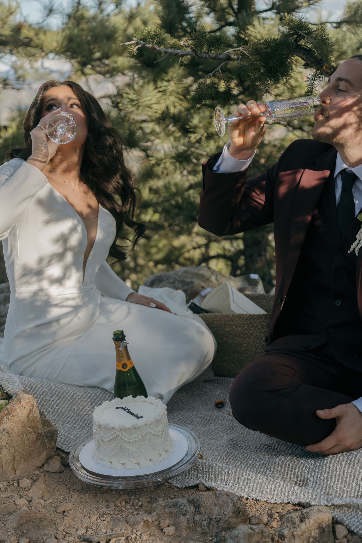 Newlyweds toast champagne beside small white cake during intimate outdoor wedding celebration.