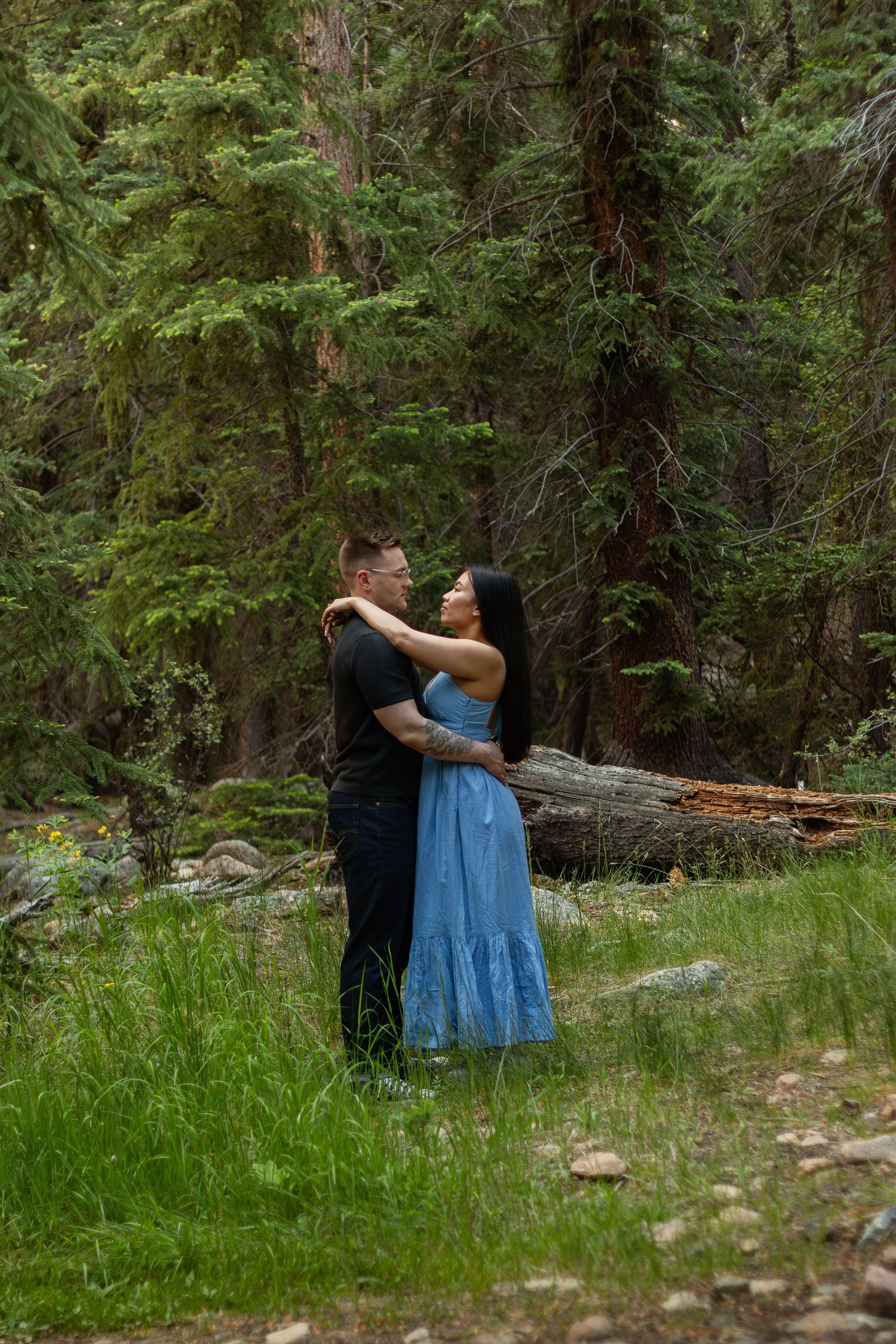 A romantic couple embraces in a lush forest setting with evergreen trees and green grass in the background.