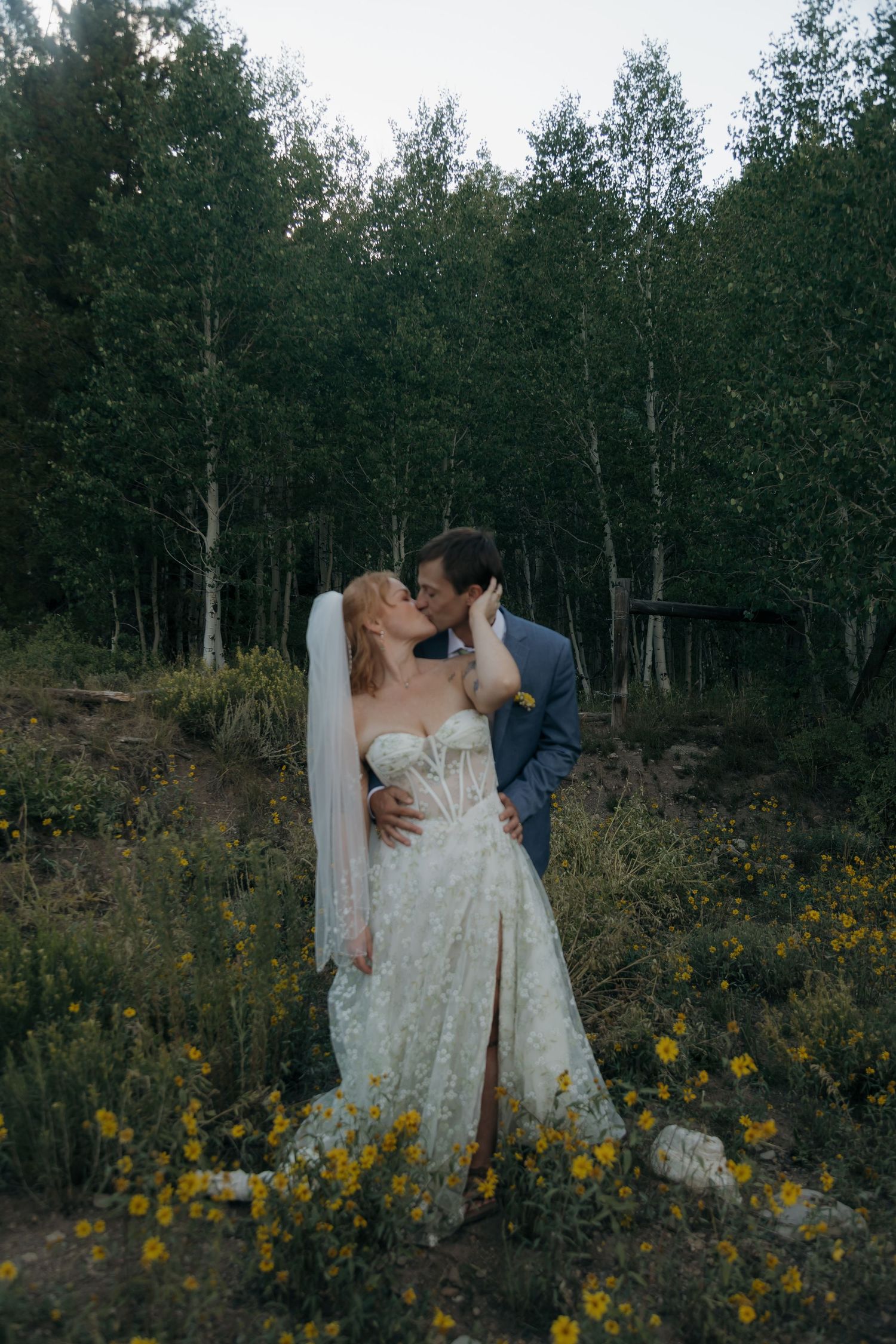 Bride and groom kissing in a wildflower meadow surrounded by birch trees in a lace wedding dress and blue suit.