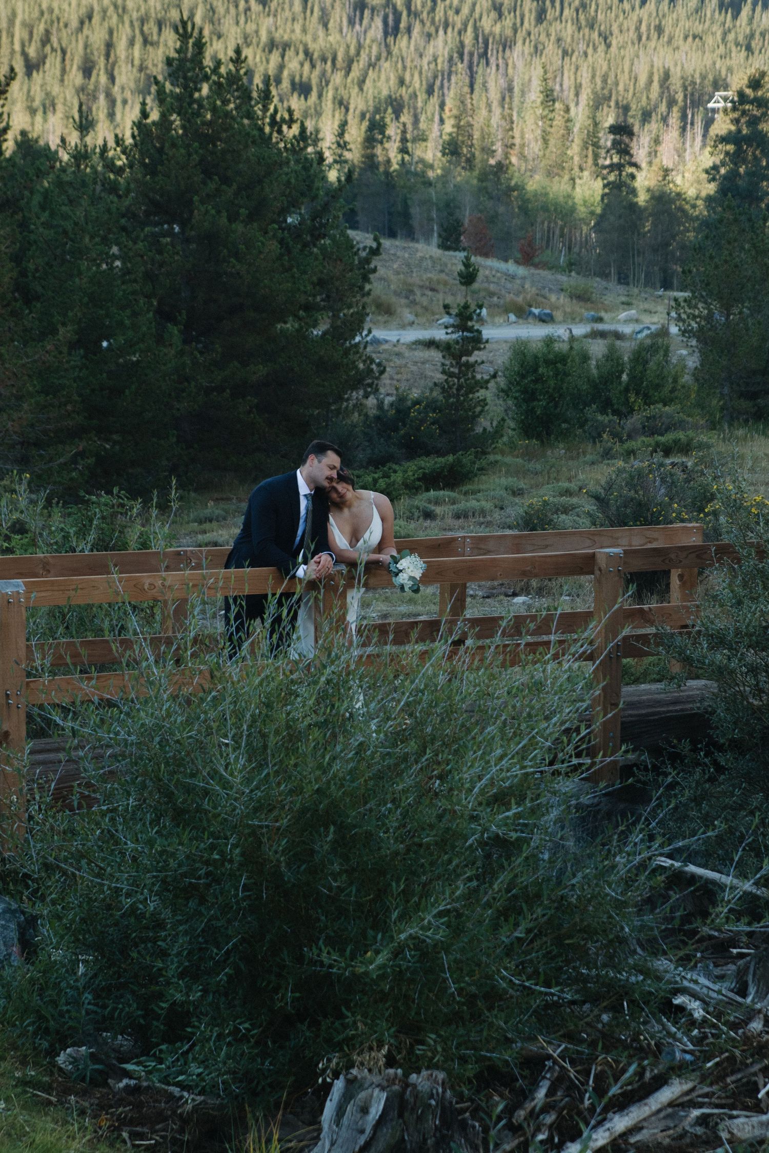 Wedding couple sharing intimate moment on wooden bridge overlooking mountain forest.