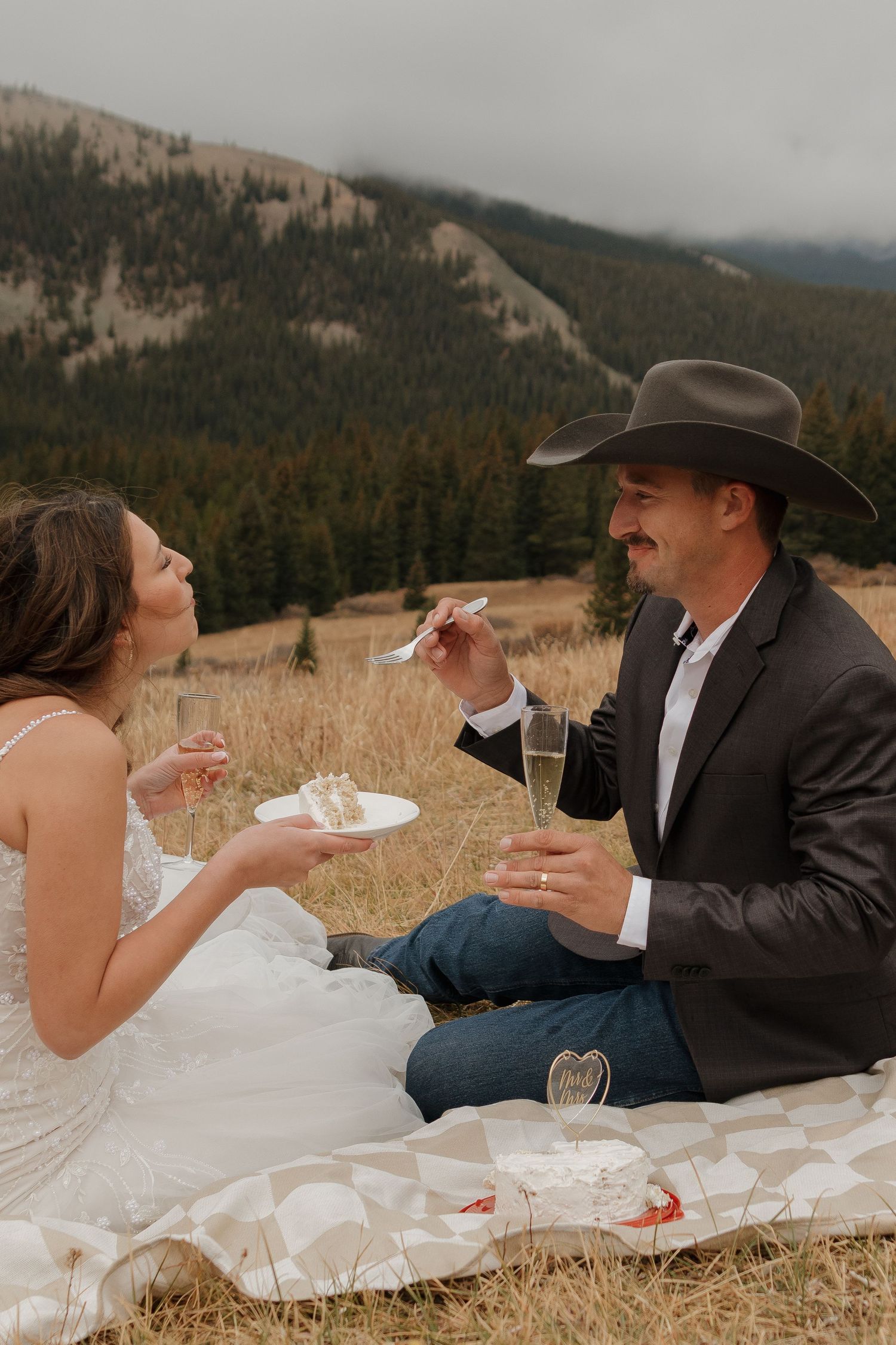 A couple shares cake during a picnic with mountain views in the background.