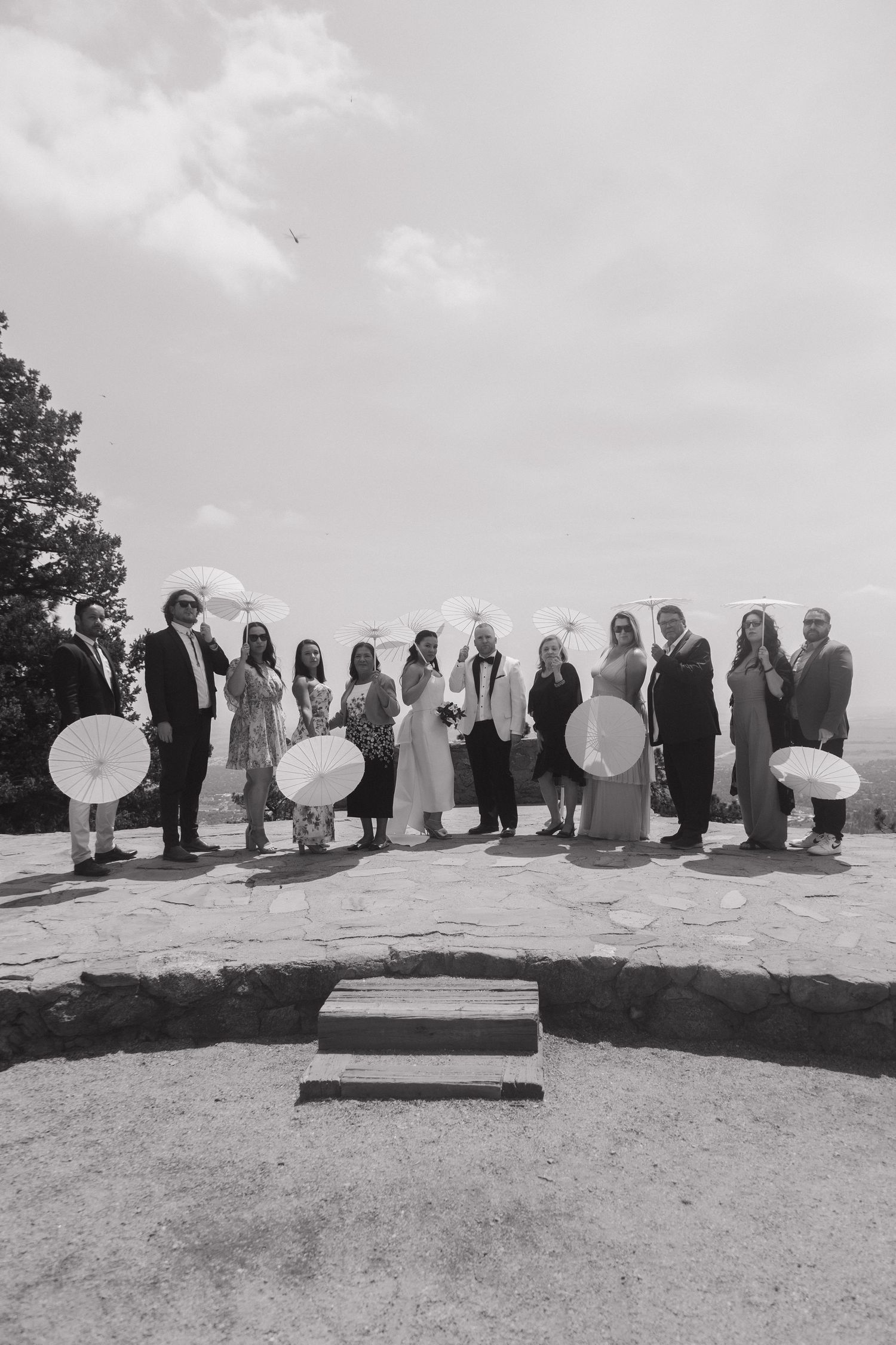 Black and white wedding party group photo outdoors on rocky overlook, guests holding decorative parasols under cloudy sky.
