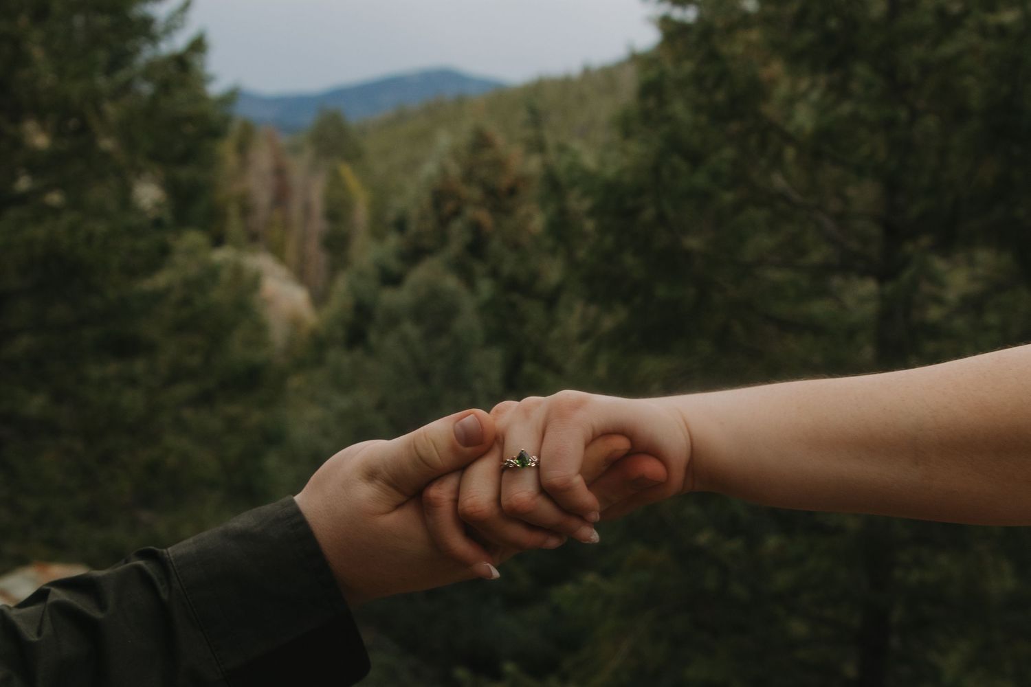Two hands reaching out to connect against a mountain landscape backdrop.