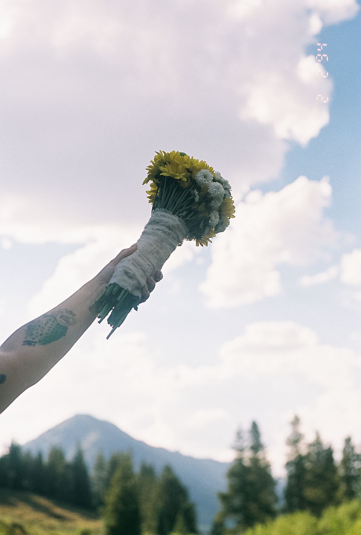 Tattooed arm raises a yellow and white wildflower bridal bouquet against a bright blue mountain sky.