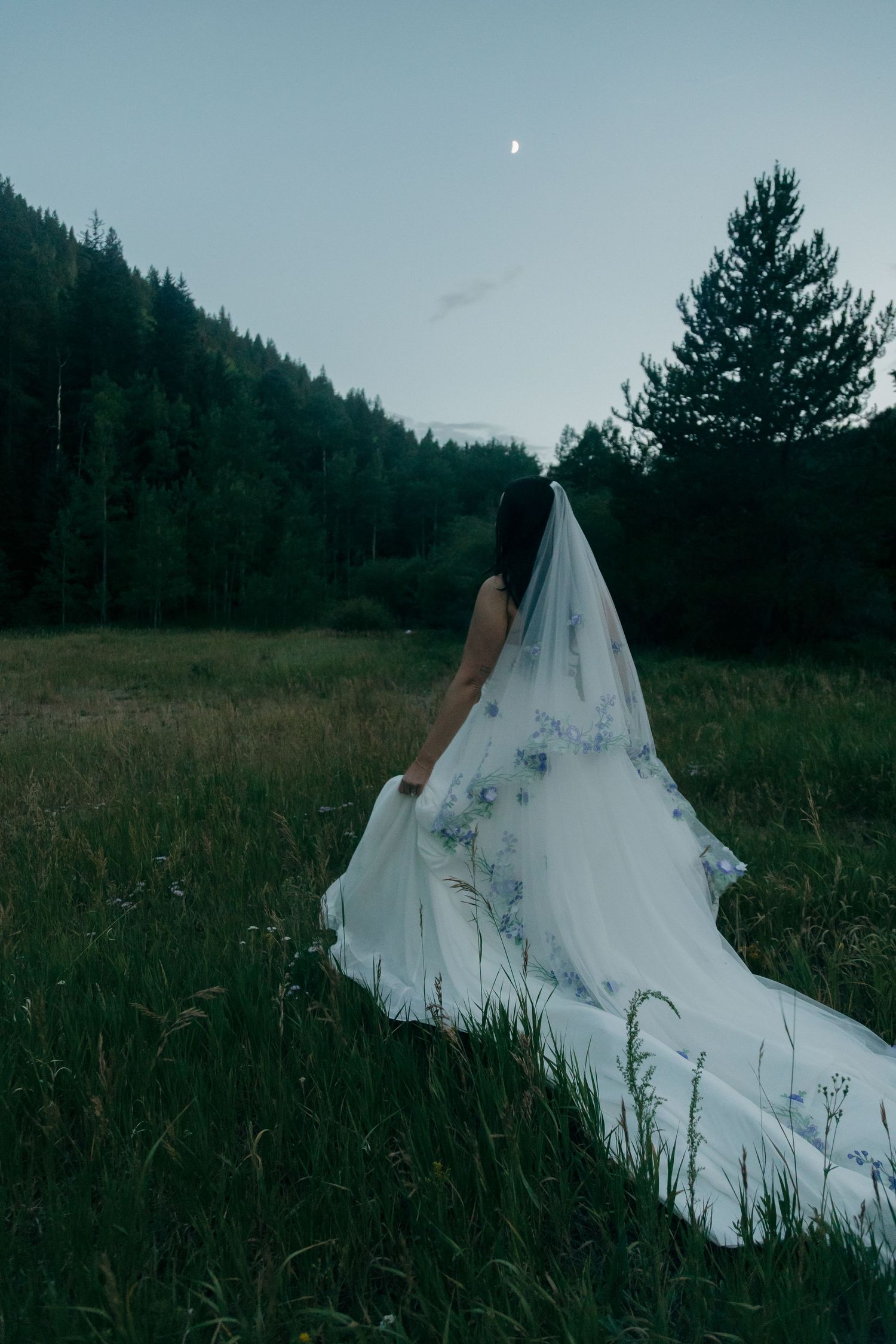 Bride in white gown with floral veil stands in moonlit meadow surrounded by dark forest at dusk.