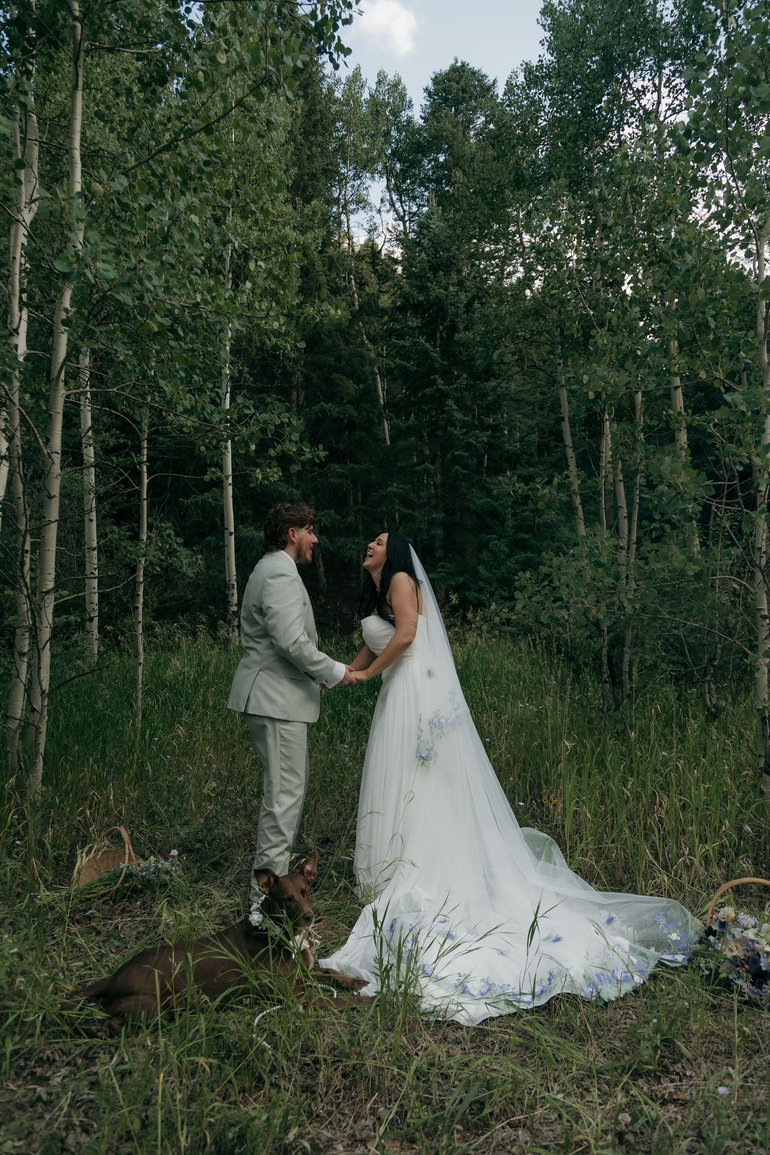Bride and groom hold hands facing each other in a serene forest clearing, bride wearing a floral-embroidered veil and white gown.