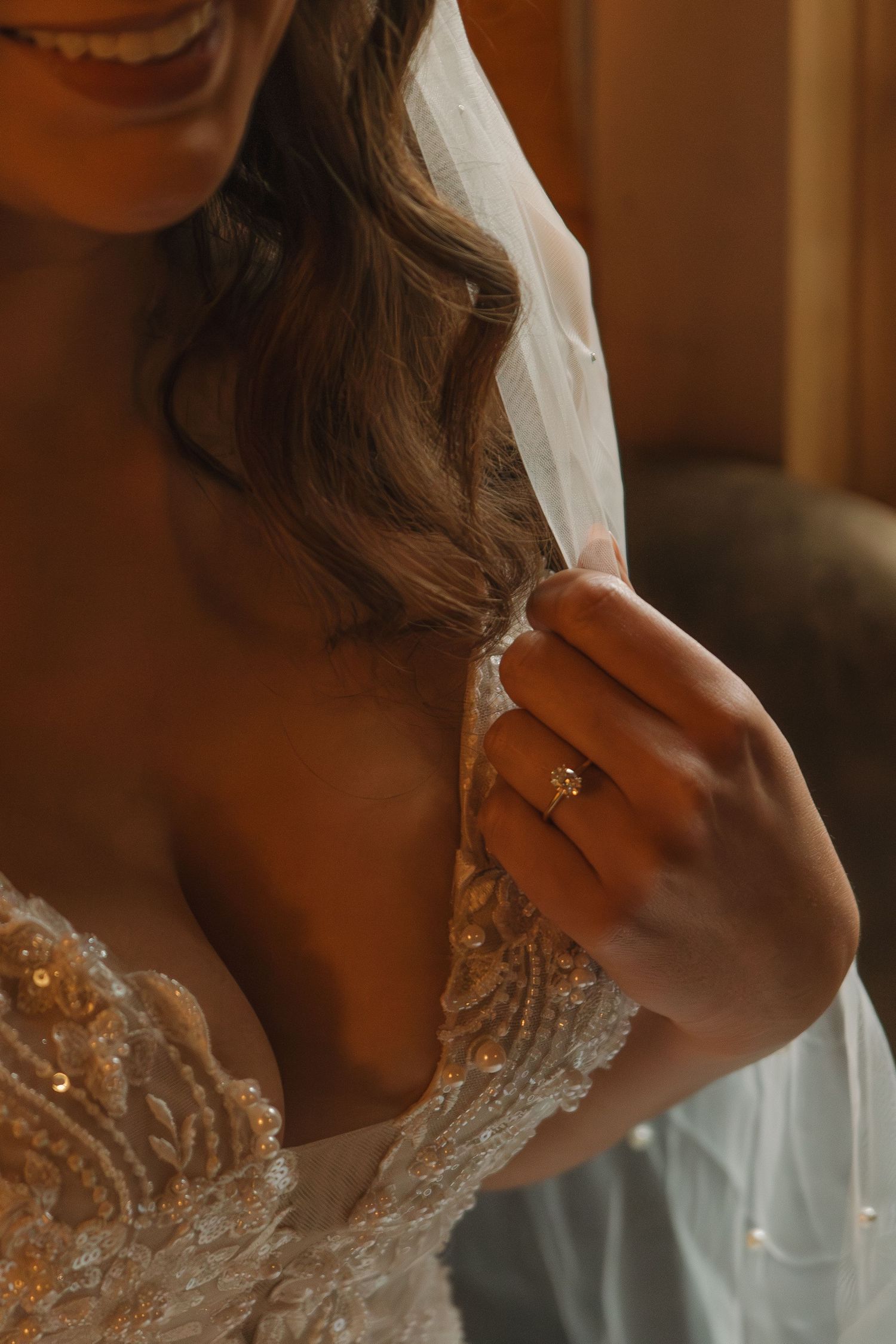 Detail shot of delicate lace bodice and veil on a wedding dress.