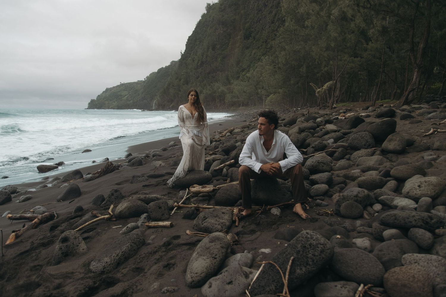 A series of moody coastal photographs showing people exploring a rocky beach with dramatic cliffs and ocean views.