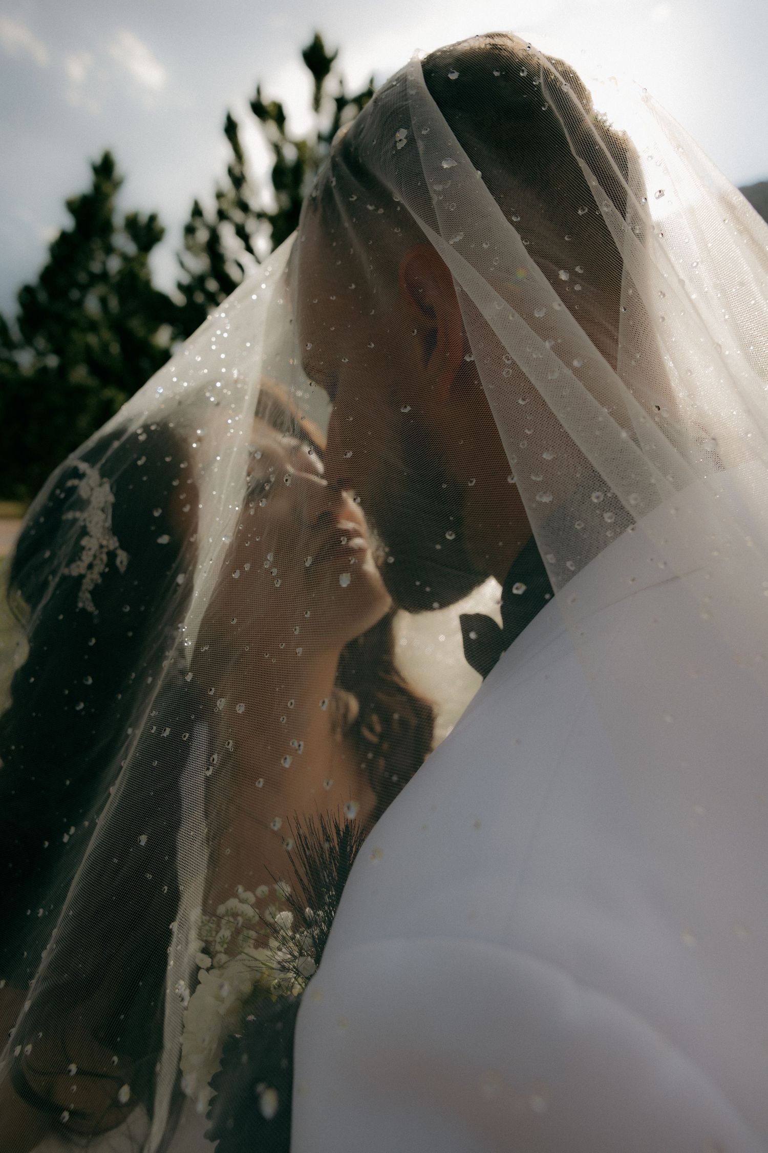 Romantic close-up of bride and groom sharing a kiss beneath a dotted wedding veil outdoors.