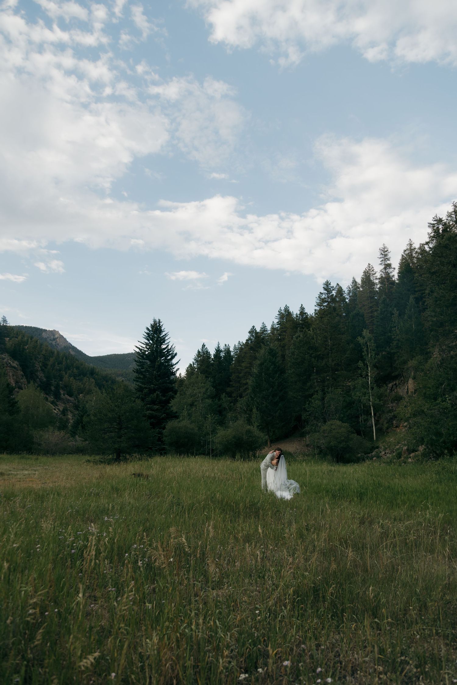 Bride in white dress standing in lush green mountain meadow surrounded by pine trees under a partly cloudy sky.