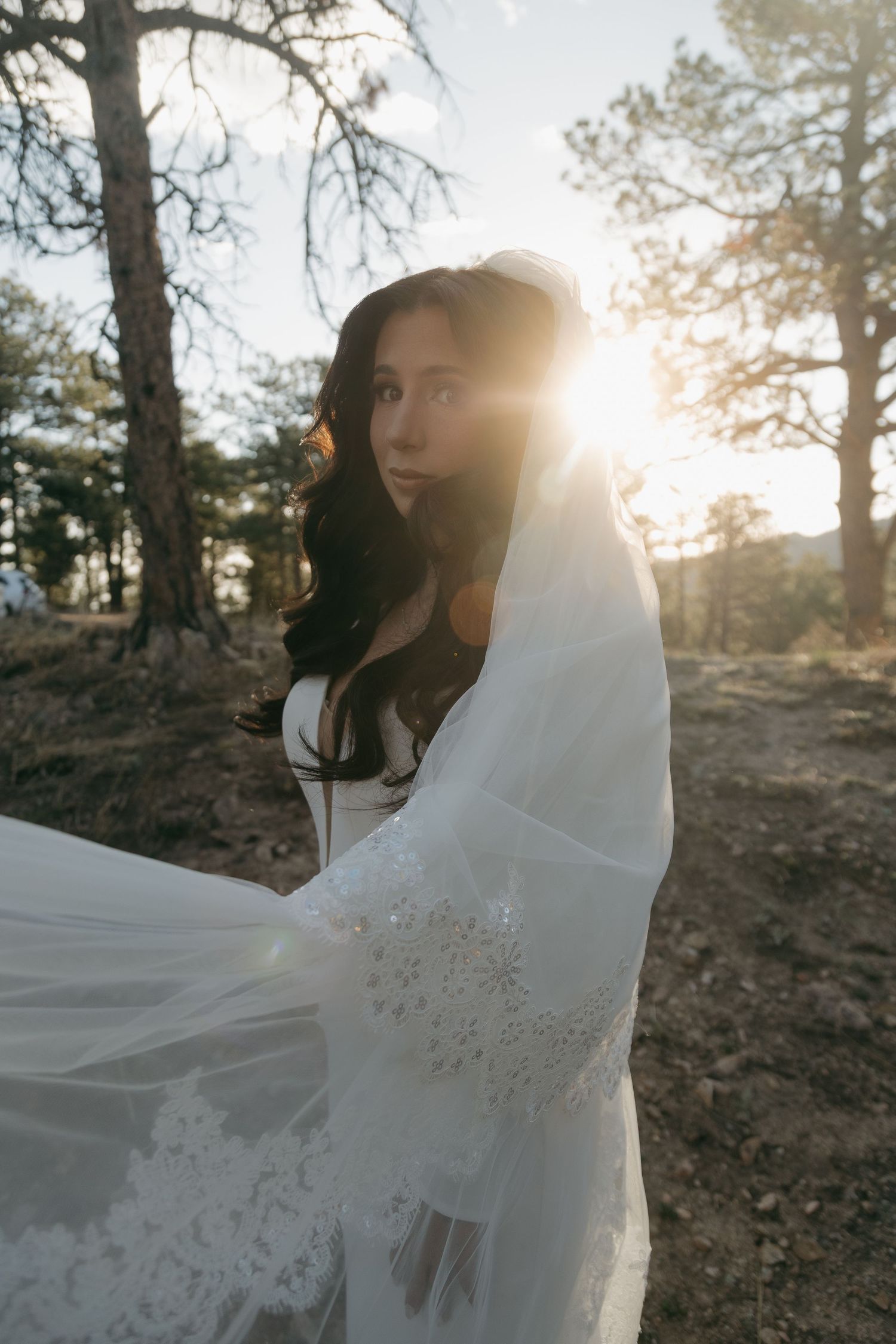 Stunning bride in lace wedding dress holds veil as sunlight streams through trees in forest setting.