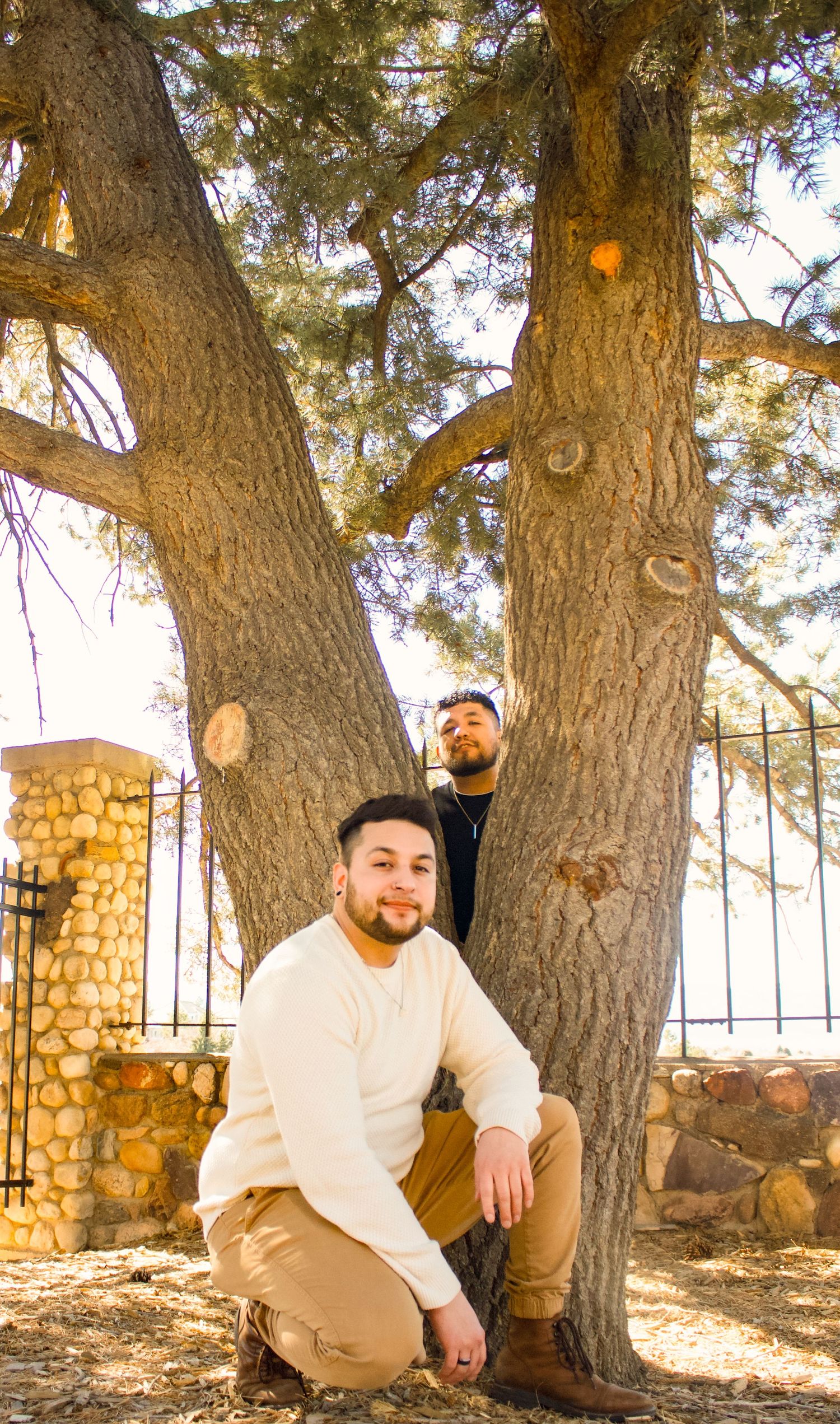Two people pose together between the trunks of a large tree in a golden-lit outdoor setting.