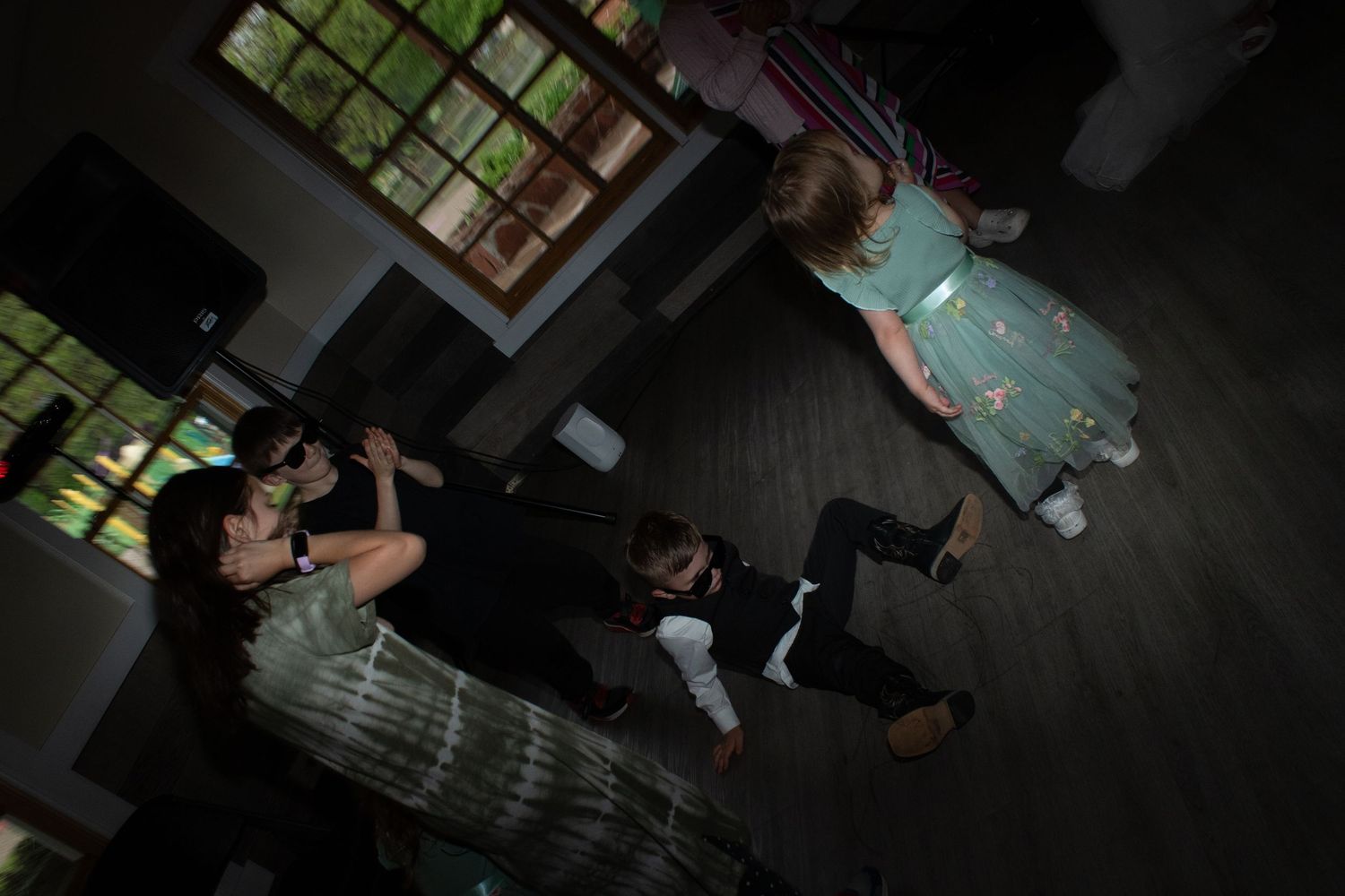 Silhouettes of party guests dancing in a dimly lit room with natural light from windows.