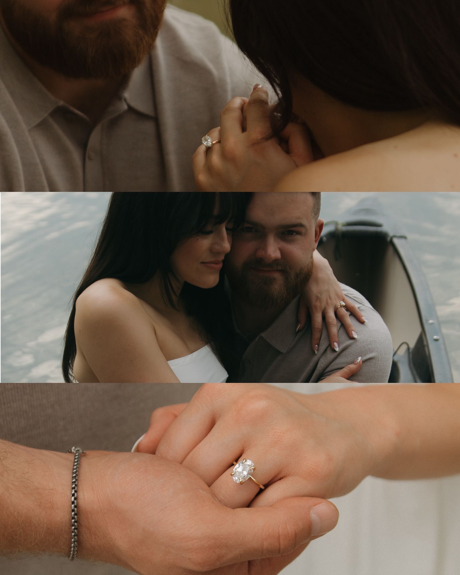 Close-up photo showcasing tender moments and a sparkling engagement ring.