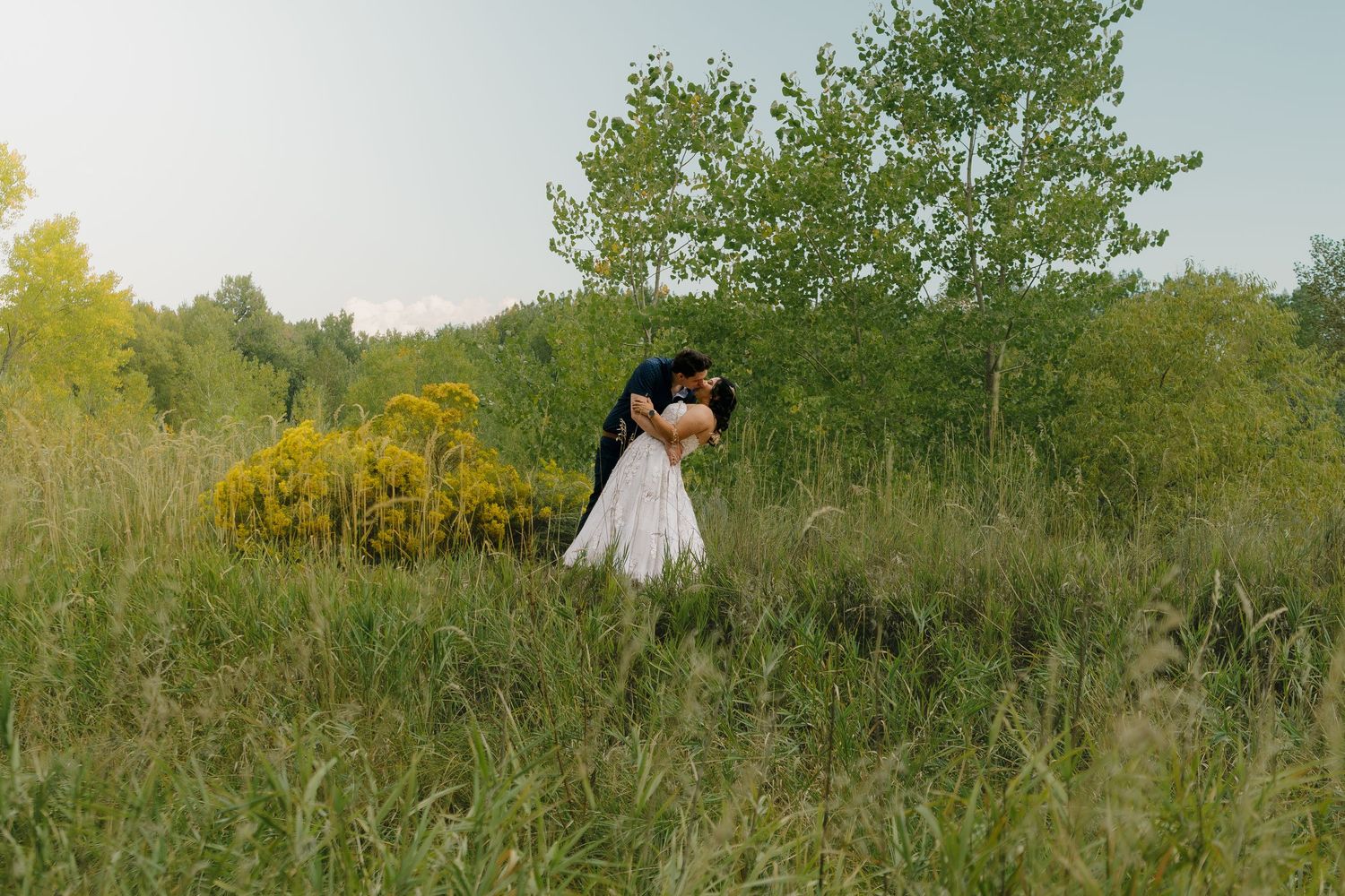Panoramic view of newlyweds walking through a sunlit meadow with yellow wildflowers and green trees.