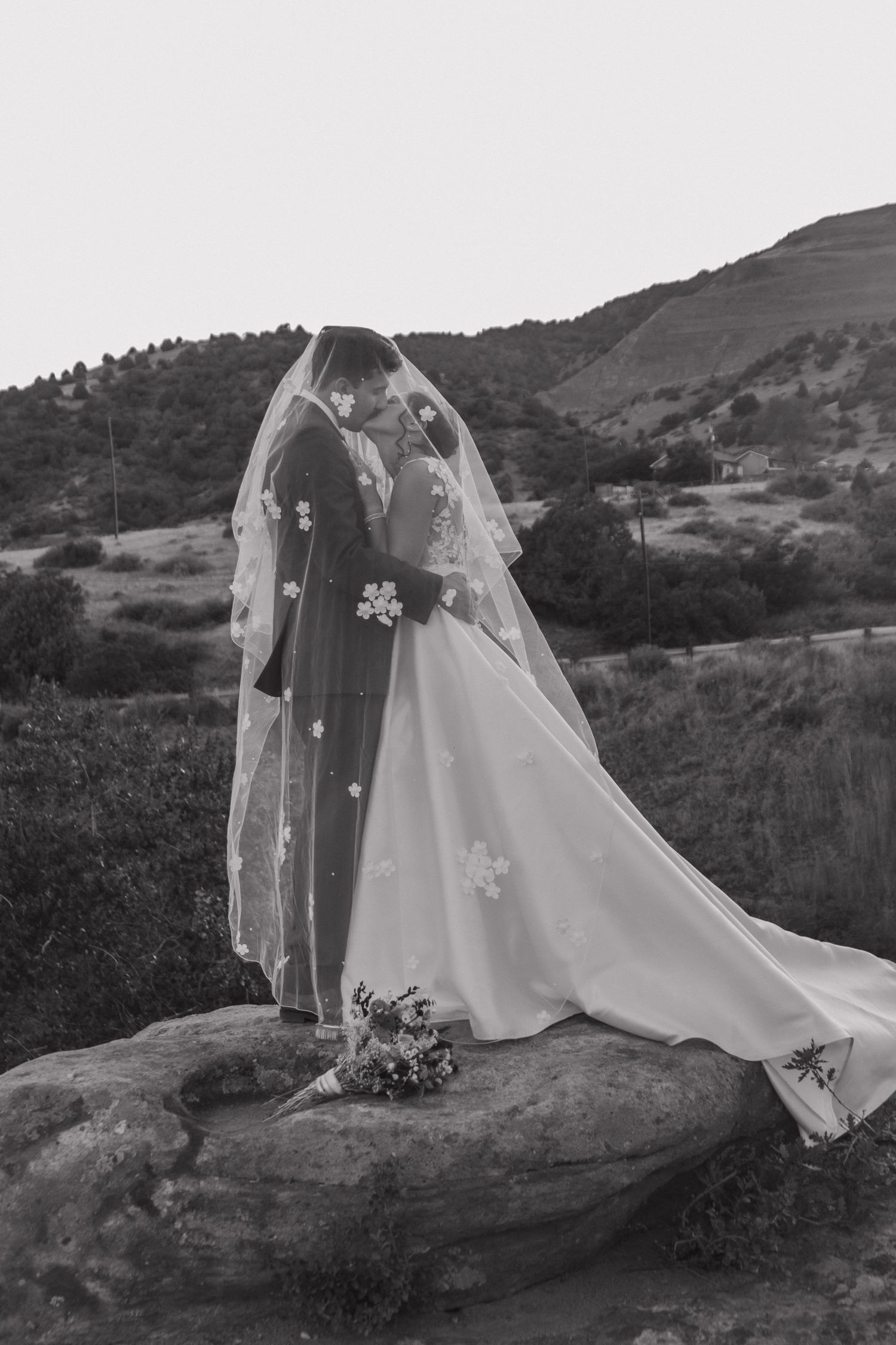 Wedding dress and veil flowing in the wind against a dramatic mountain landscape backdrop.