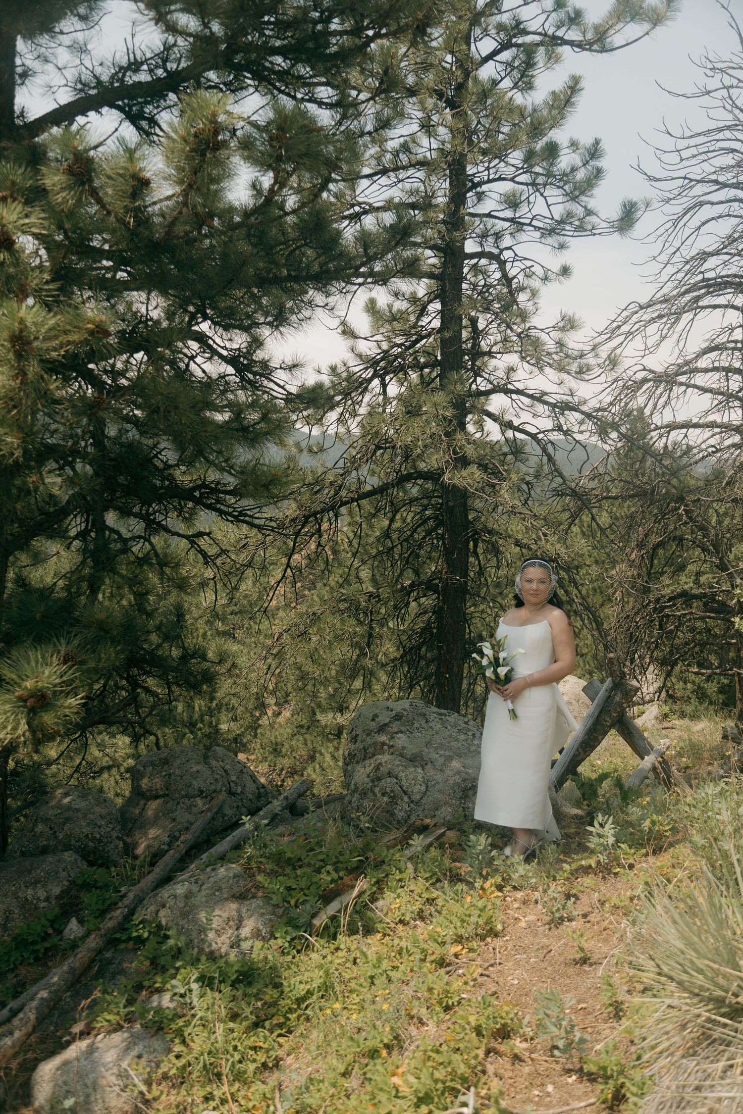 Bride in white dress holding bouquet stands among pine trees and rocks in a mountain forest setting.