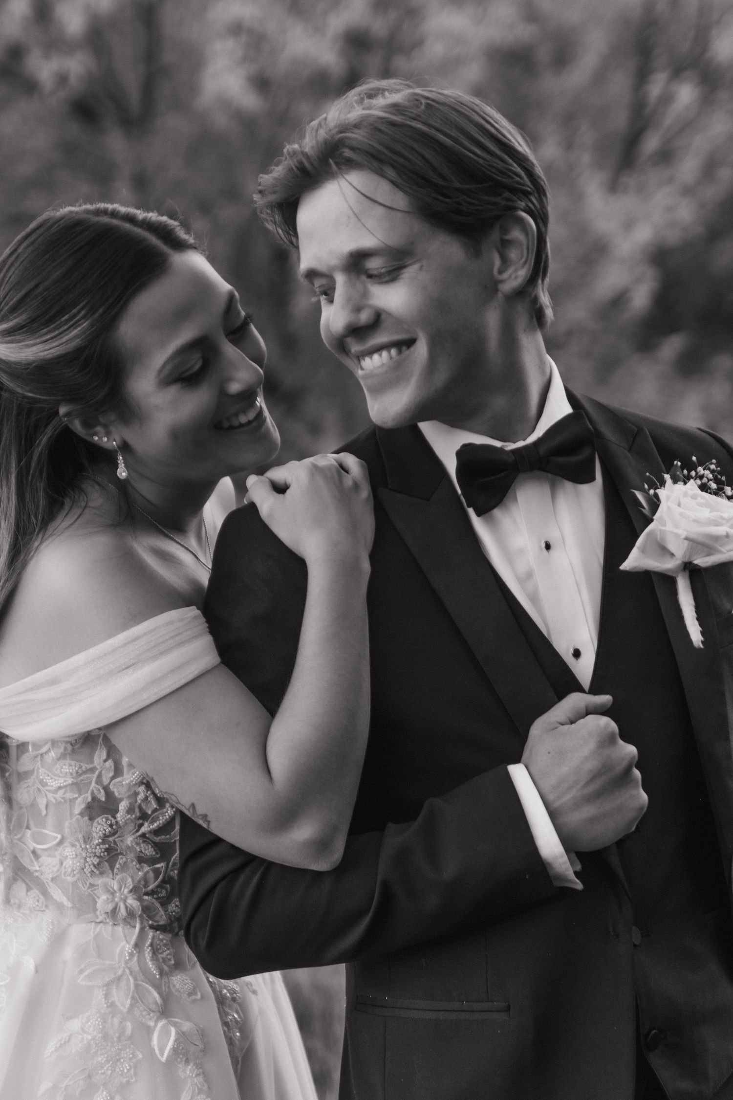 A romantic black and white photo series showing tender moments between a couple.