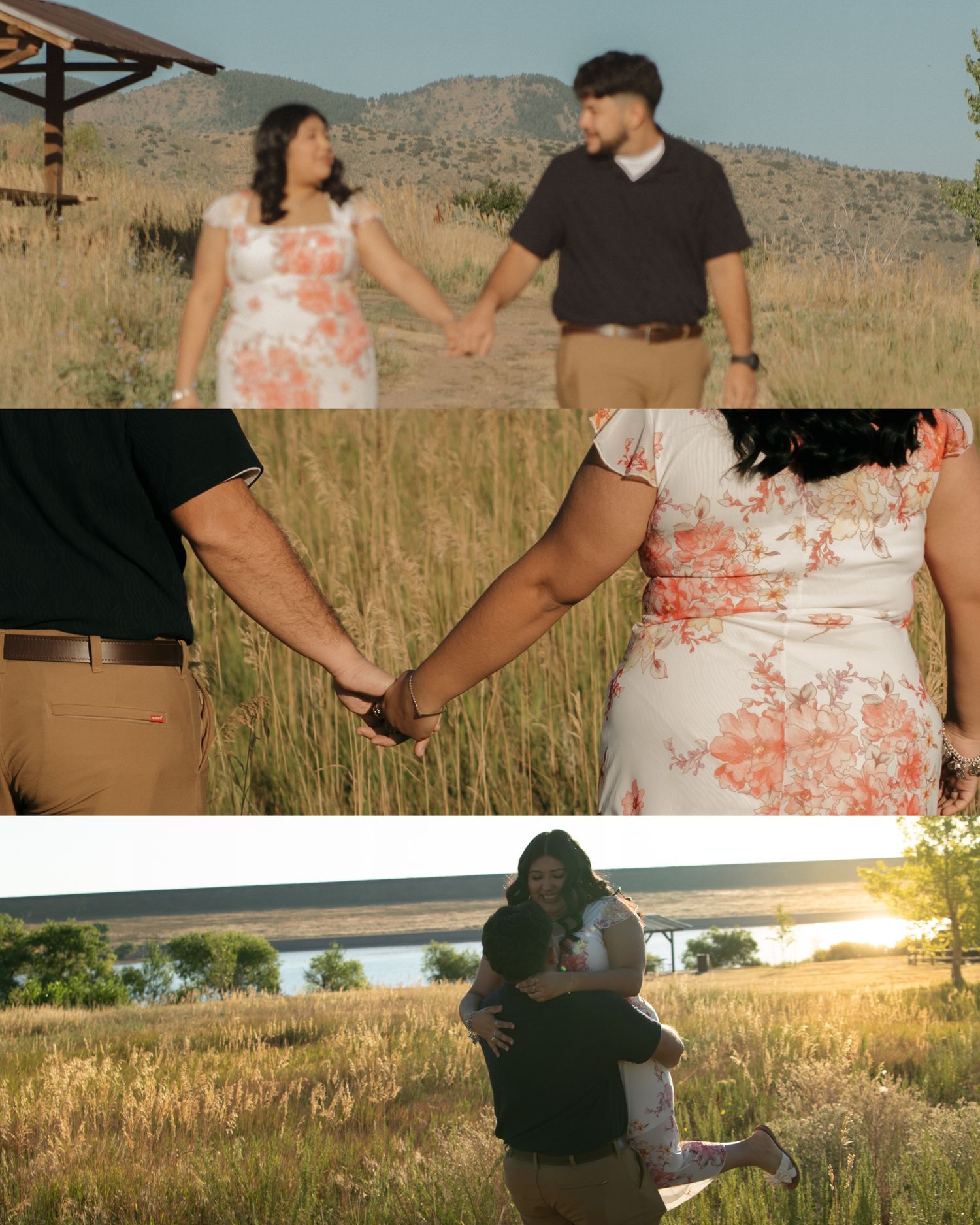 Series of candid outdoor couple photos in a rustic landscape during sunset.