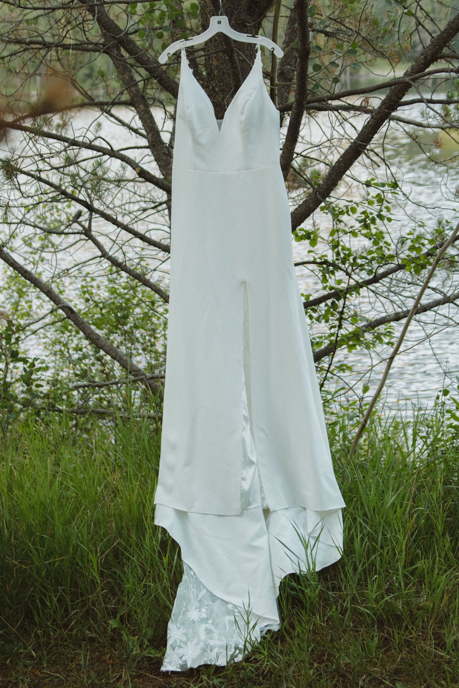 White wedding dress hanging on tree branches against a natural outdoor backdrop by a lake.
