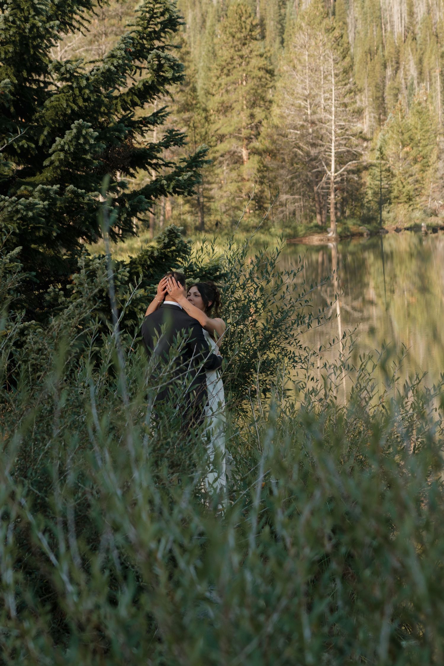 A tranquil lake surrounded by tall evergreen trees reflecting in the calm water.