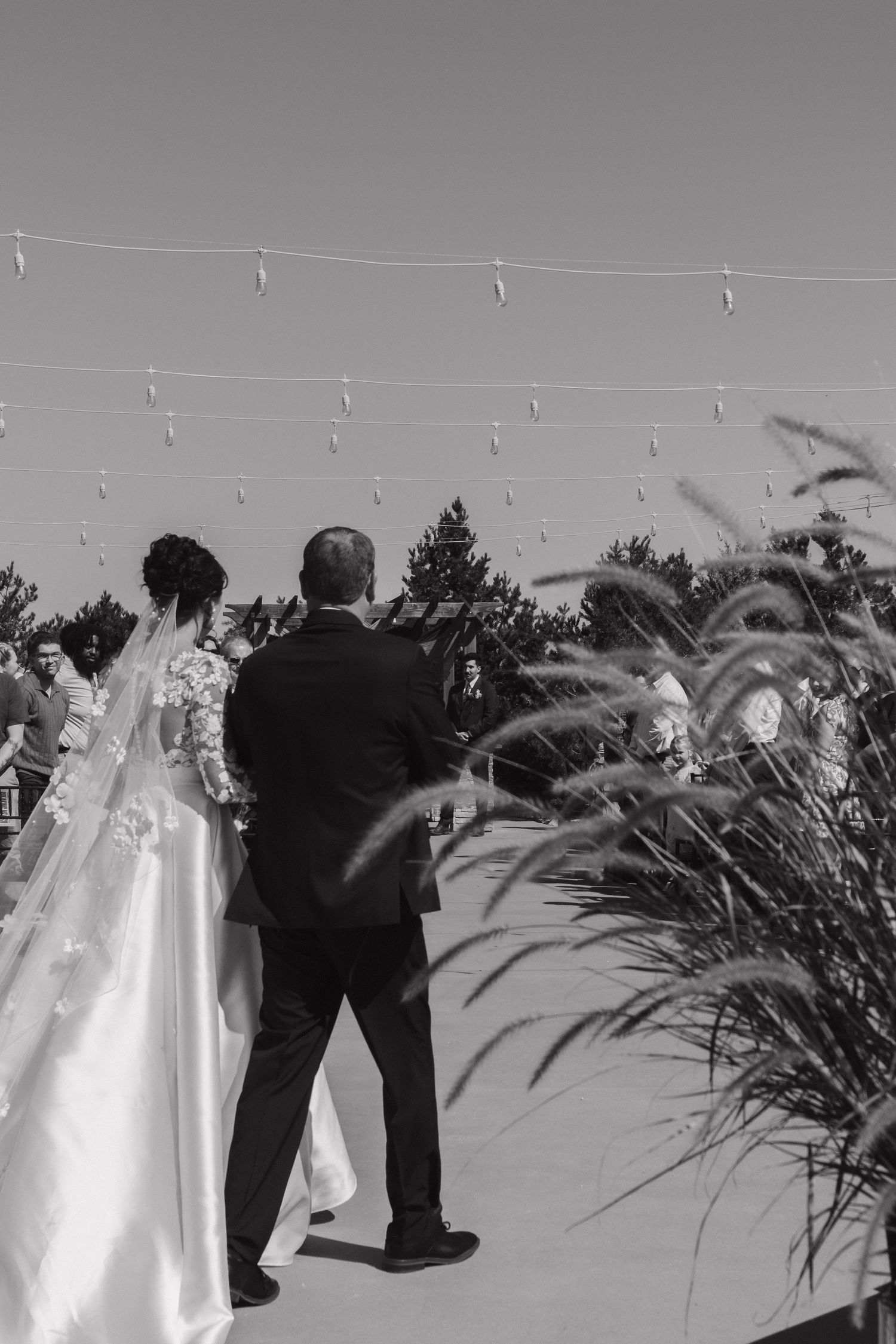 Black and white wedding ceremony photo with string lights overhead and palm fronds in foreground.