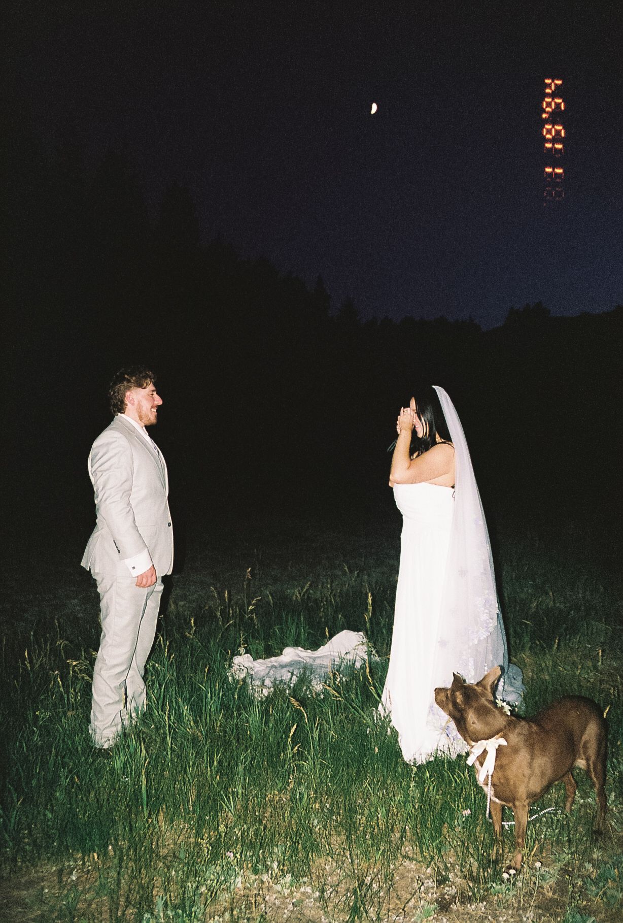 Bride and groom laughing with dog under moonlit night sky at outdoor wedding.