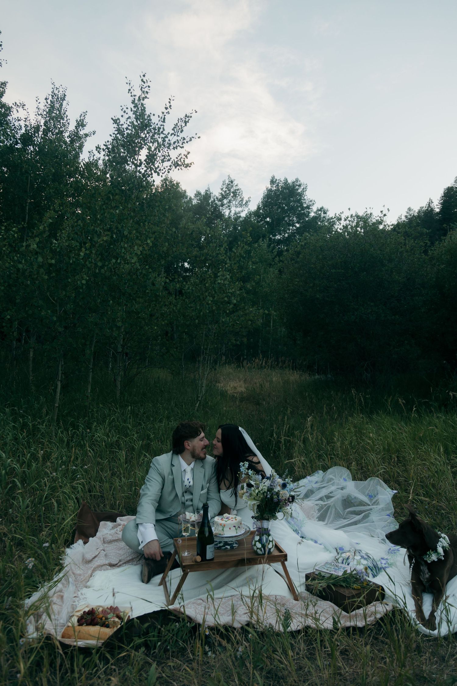 Bride and groom share a romantic moment during an outdoor picnic in a lush forest meadow at dusk.