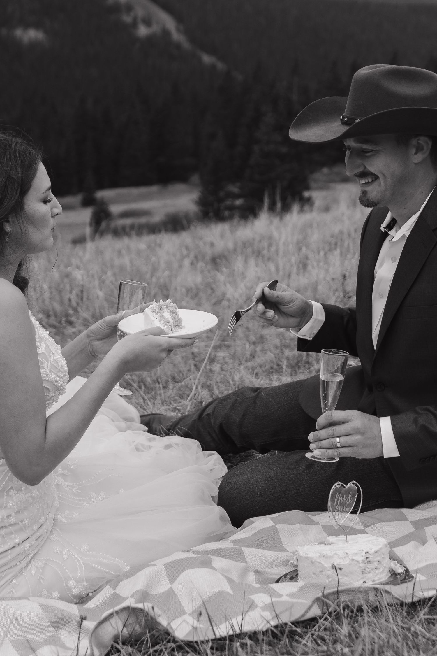 A black and white photo of newlyweds sharing cake during an outdoor mountain picnic.