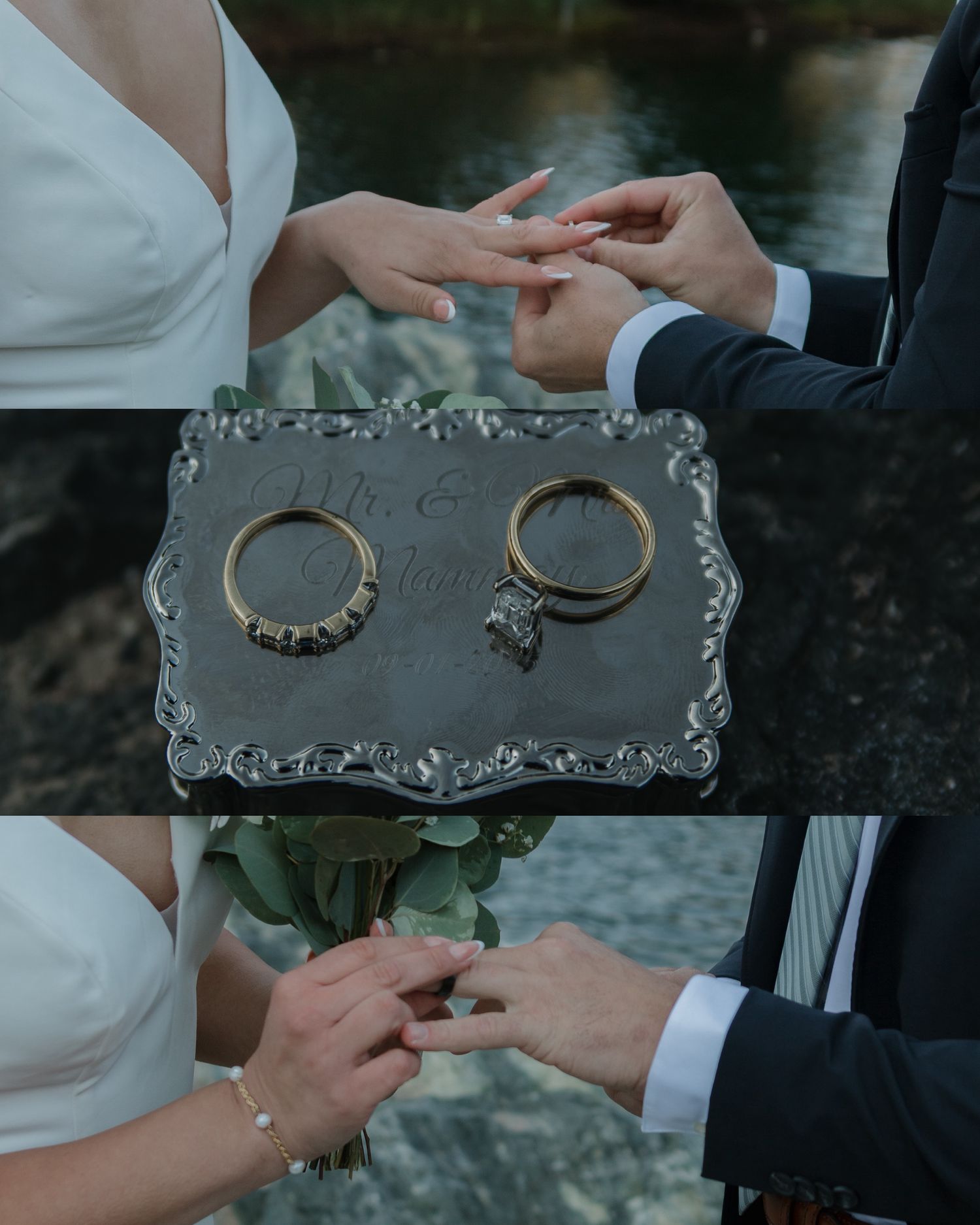 Wedding rings displayed on an ornate silver tray during an outdoor ceremony.