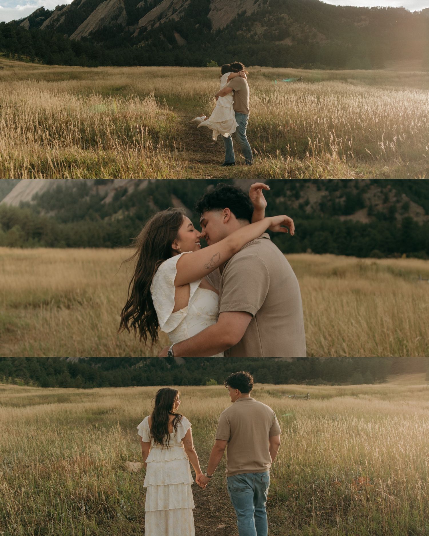 Three-photo collage of couple dancing, embracing, and holding hands in golden mountain meadow.