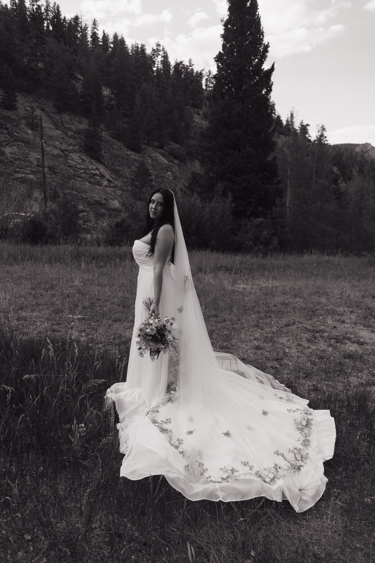 Elegant bride in embroidered veil holds bouquet in dramatic black and white mountain portrait.