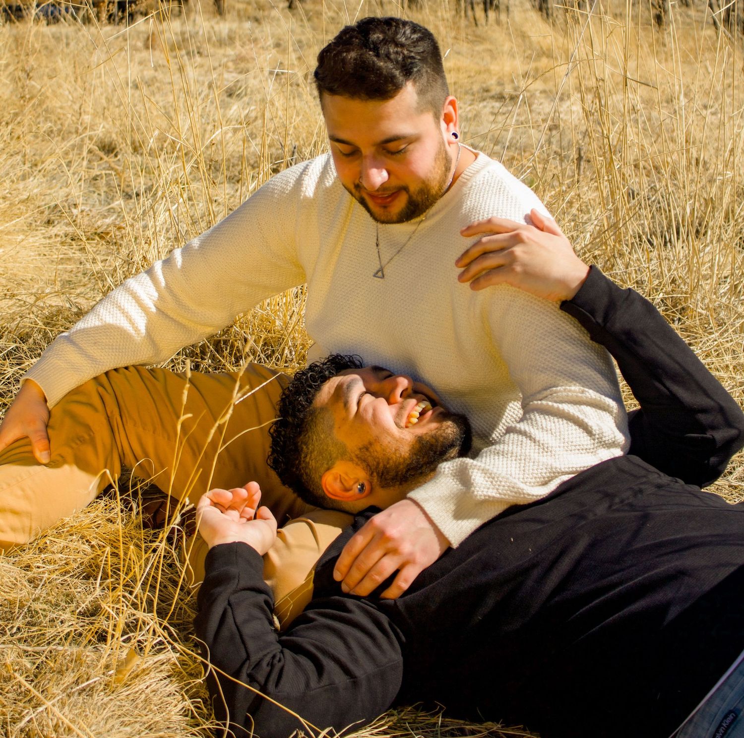 Close-up of affectionate moment between two people in sunlit meadow.