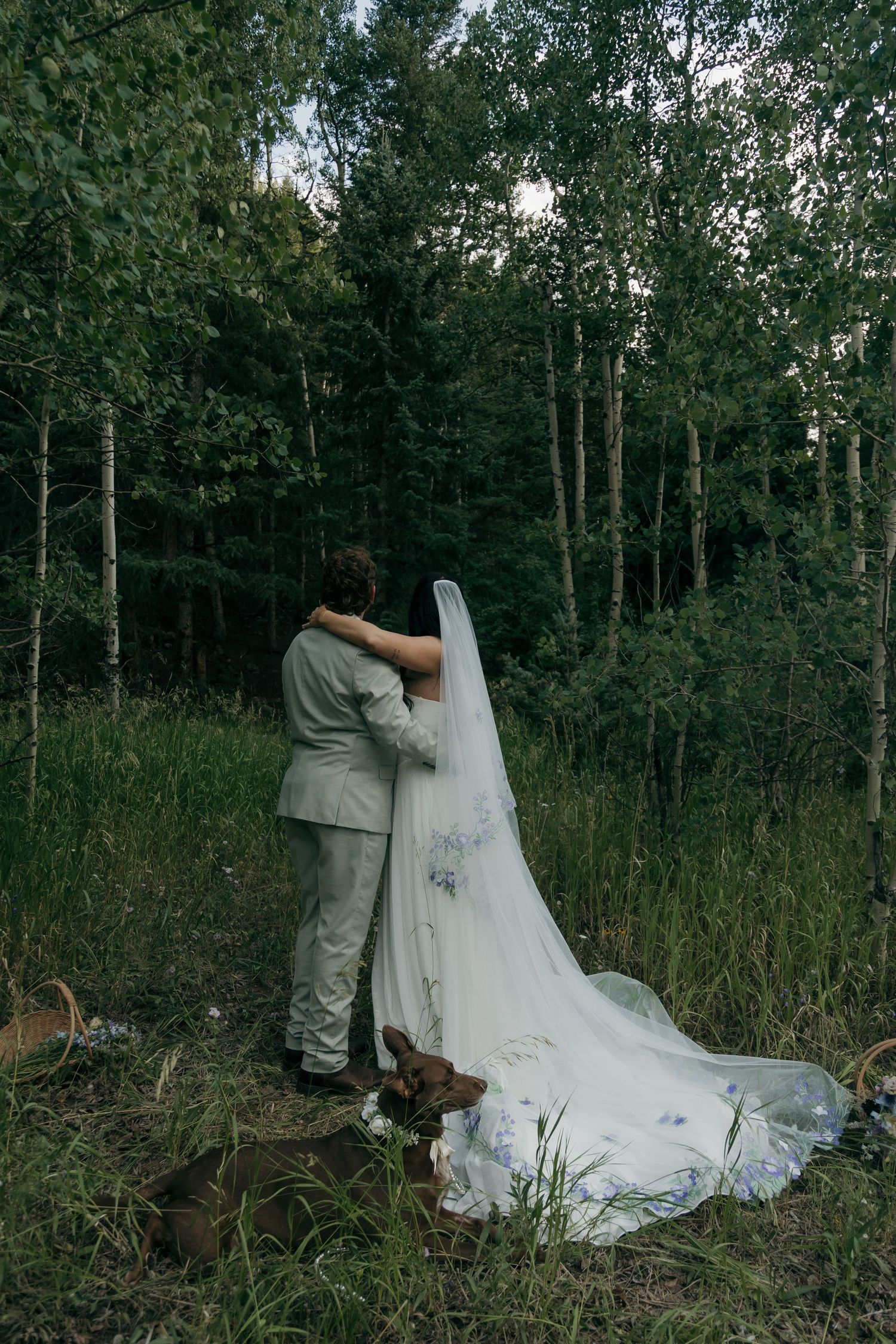Bride and groom embrace facing a lush green forest during their outdoor wedding ceremony.