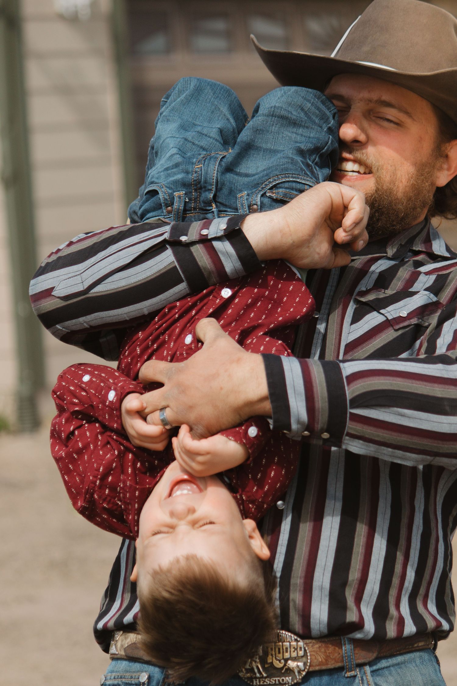 Playful interaction captured in sequence with someone in a striped shirt and burgundy clothing.