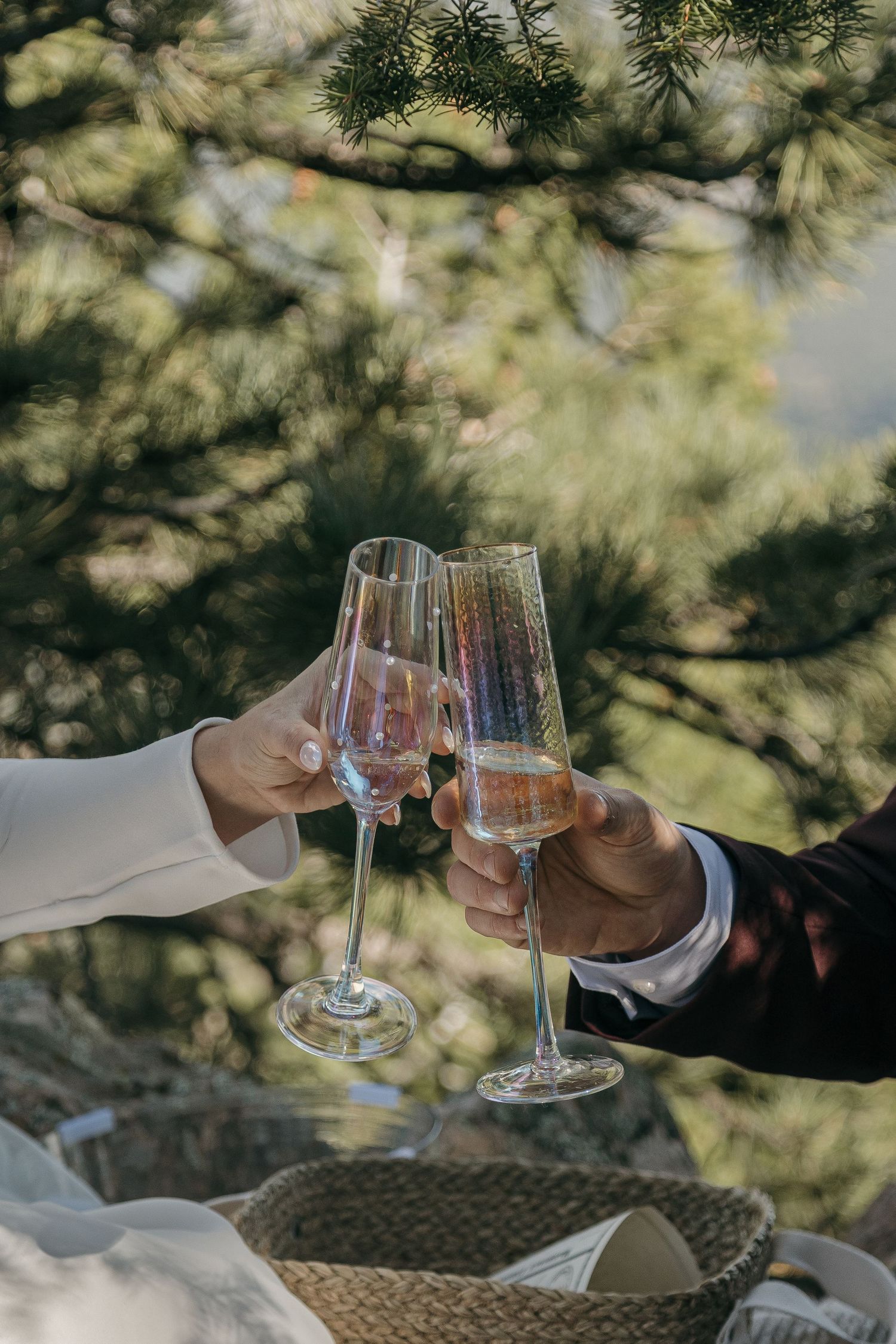 Bride and groom clinking crystal champagne flutes in a celebratory toast under pine trees after mountain elopement.