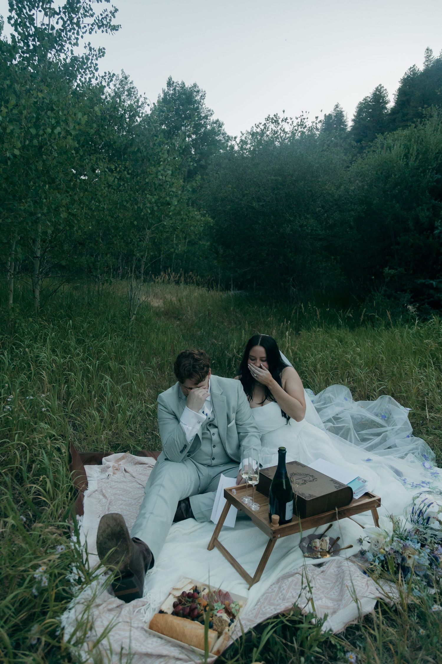 Bride and groom share a laugh on a picnic blanket in a lush green forest meadow at dusk.