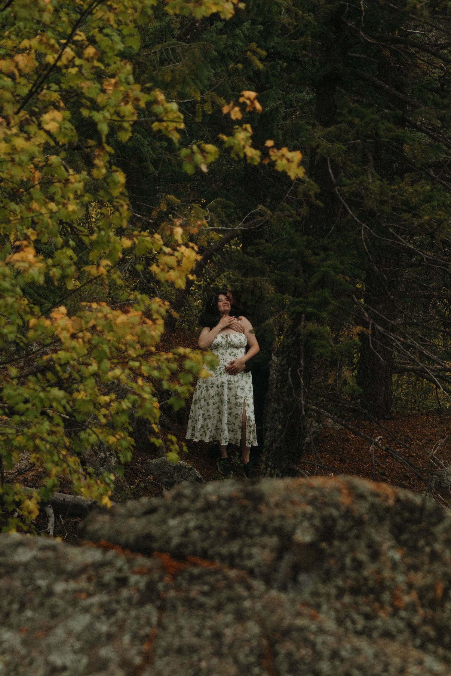 A floral dress catches autumn light against a backdrop of golden leaves and dark forest trees.