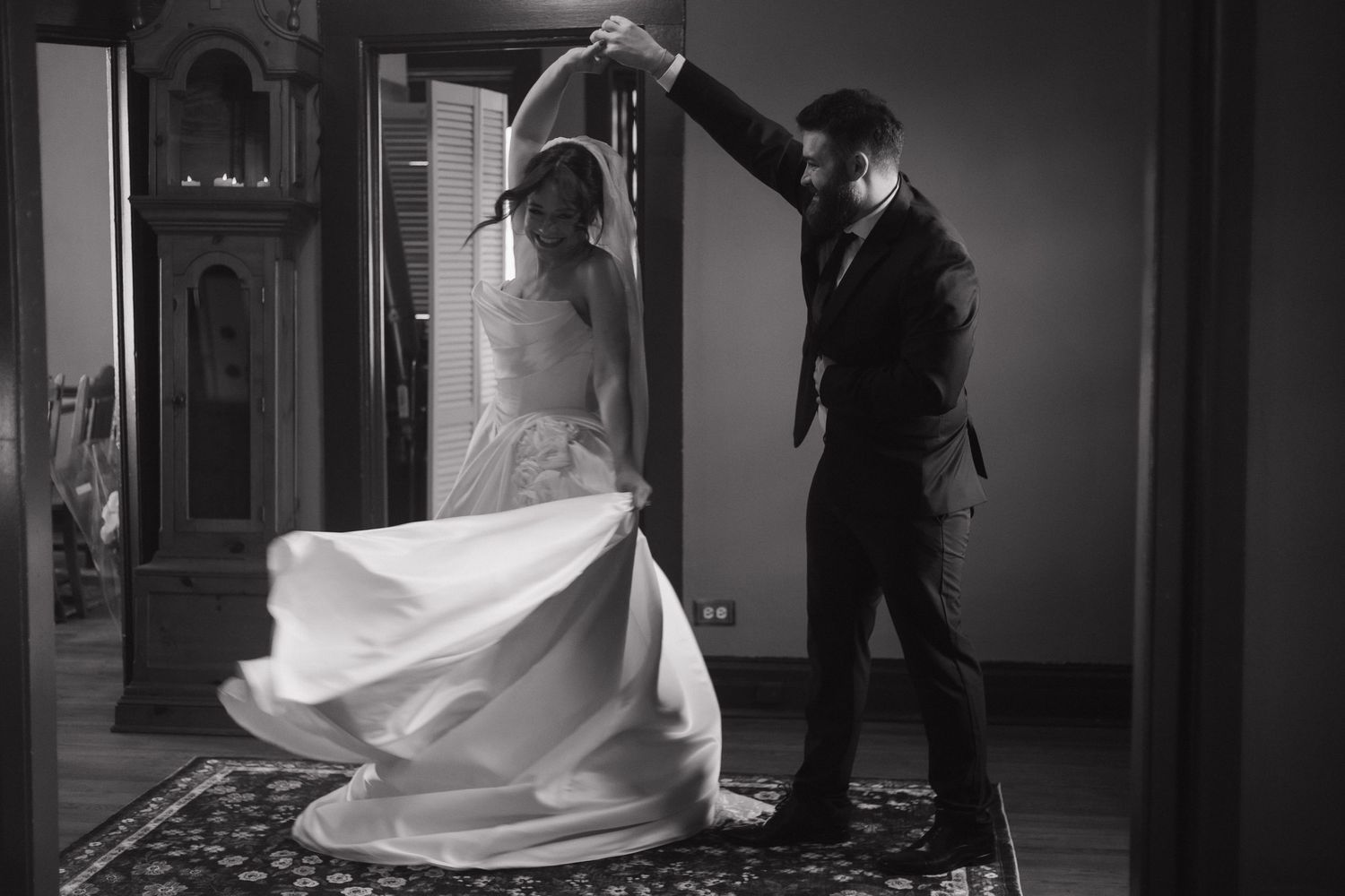 A series of romantic black and white wedding photos showing couples in elegant indoor settings.