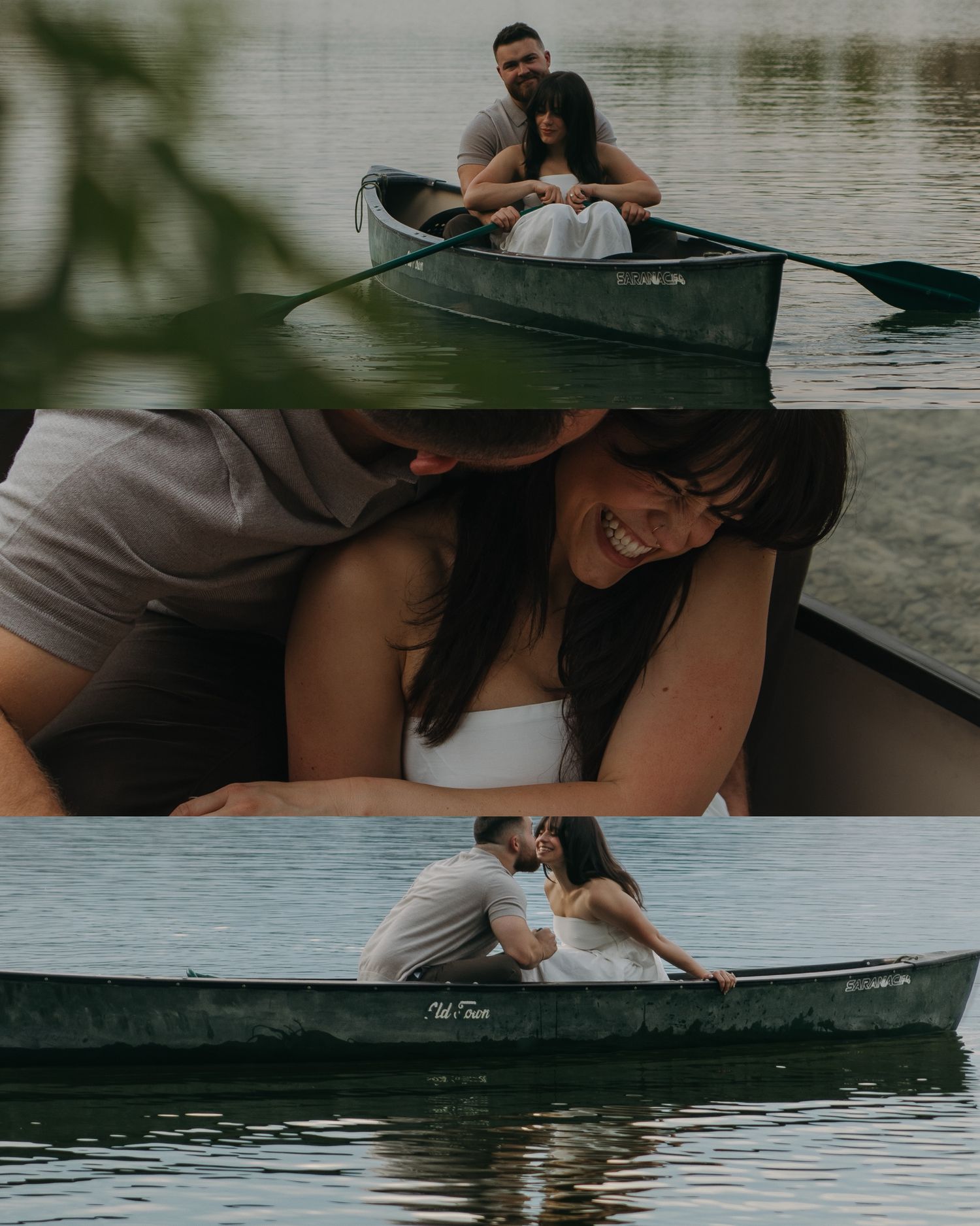 A couple shares playful moments while sitting together in a canoe.