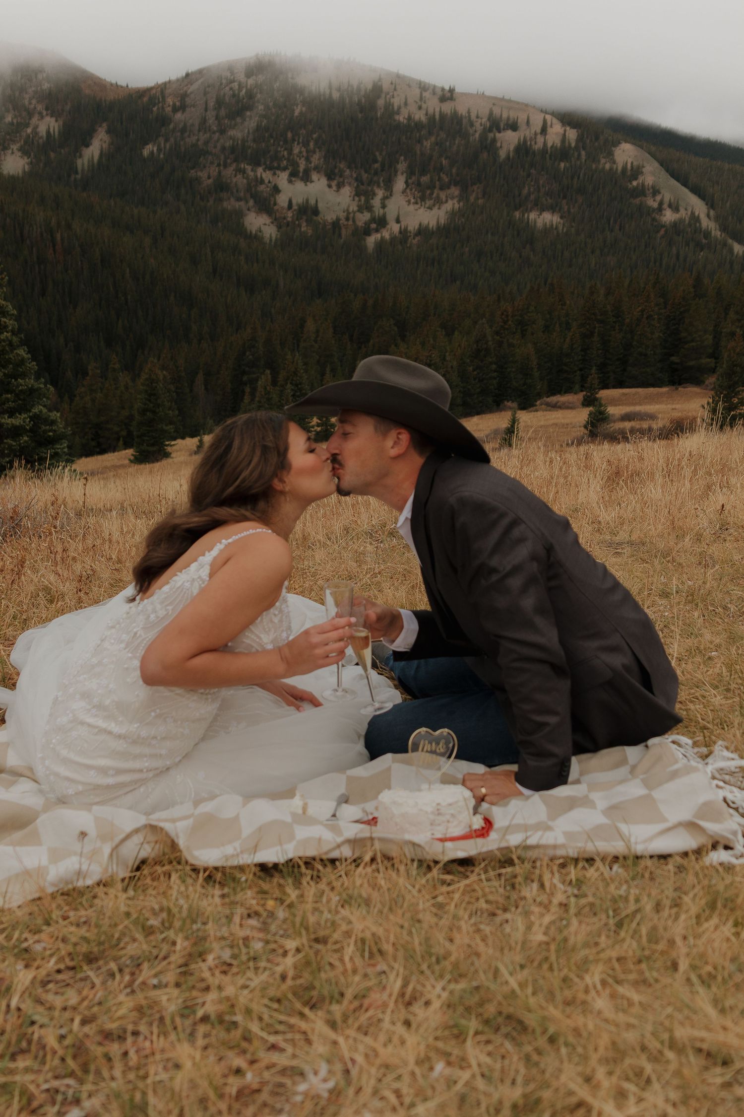 A romantic moment shared between newlyweds during a mountain picnic.