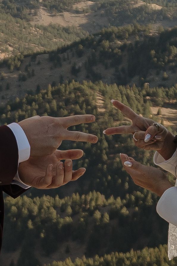 Couple showing wedding rings with fingers over scenic mountain forest landscape.