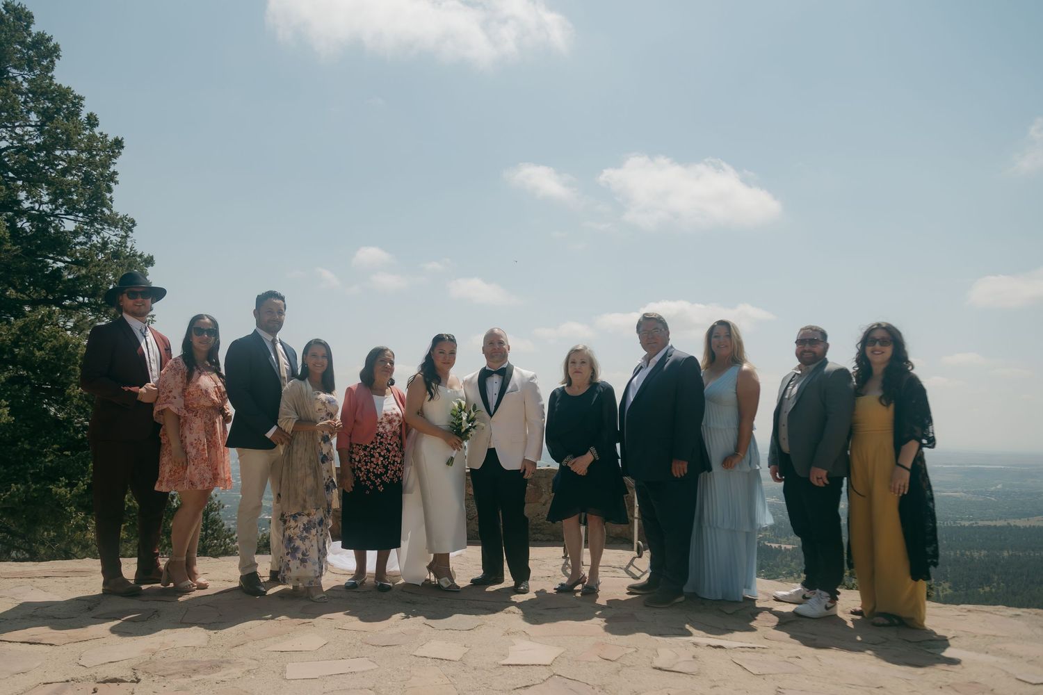 A wedding party group photo taken outdoors on a scenic hilltop with trees and a bright sky in the background.